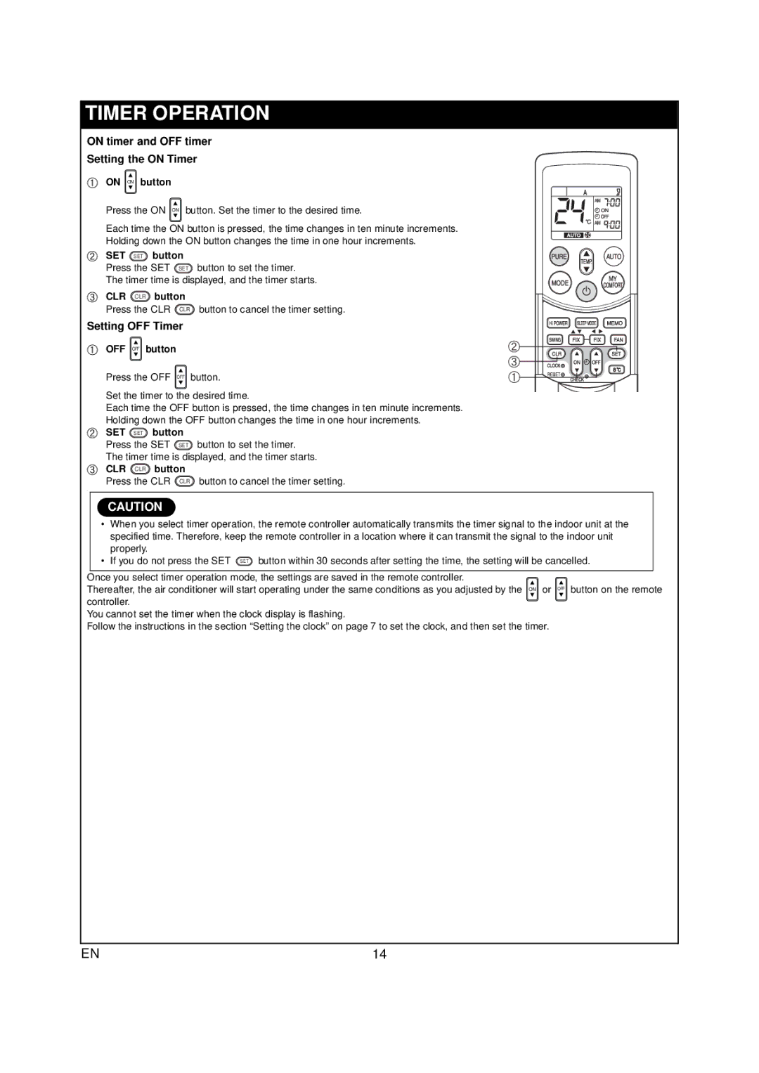 Toshiba RAS-07PKVP-E owner manual Timer Operation, On timer and OFF timer Setting the on Timer, Setting OFF Timer 