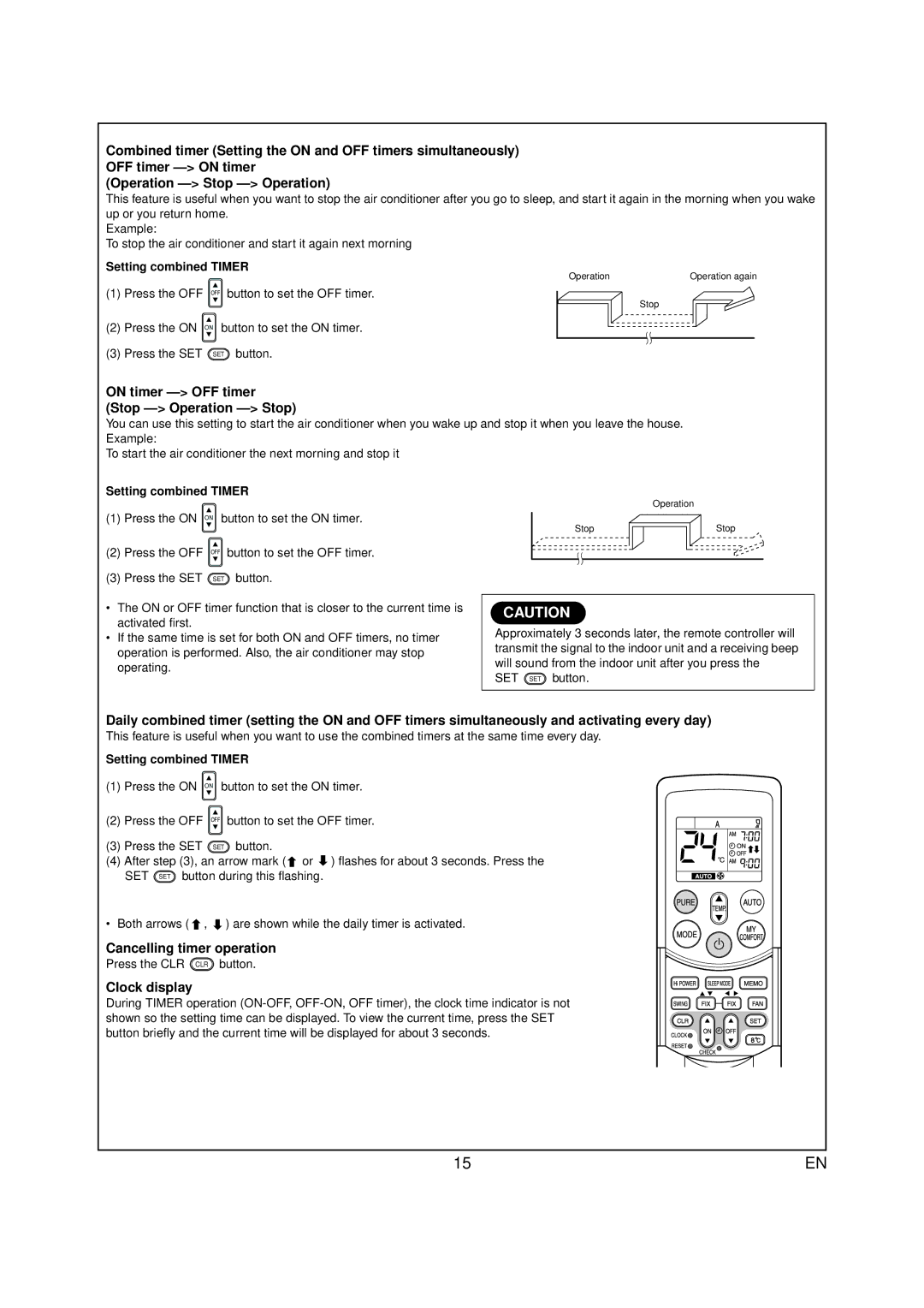 Toshiba RAS-07PKVP-E owner manual On timer OFF timer Stop Operation Stop, Cancelling timer operation, Clock display 