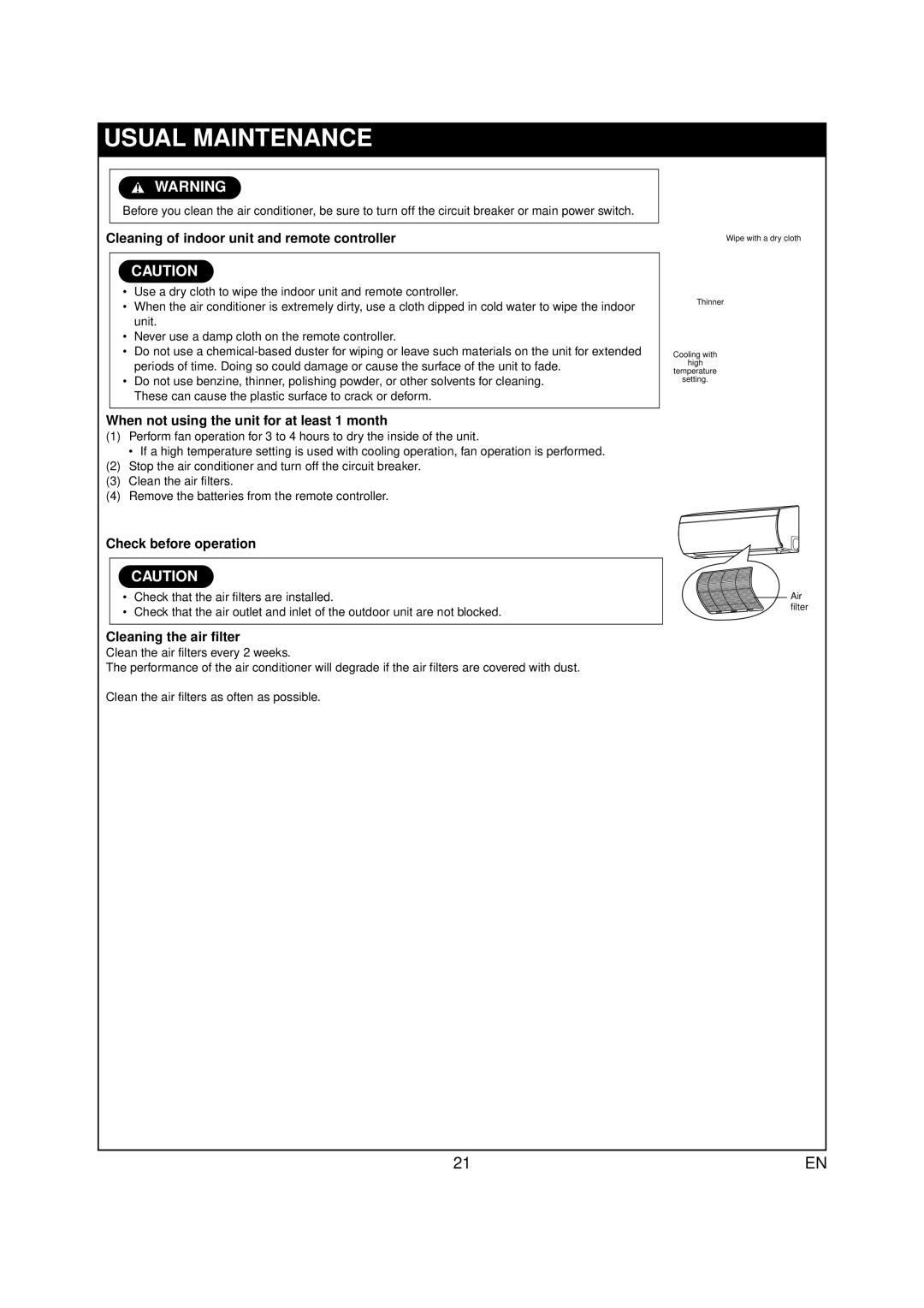 Toshiba RAS-07PKVP-E owner manual Usual Maintenance, Cleaning of indoor unit and remote controller, Check before operation 