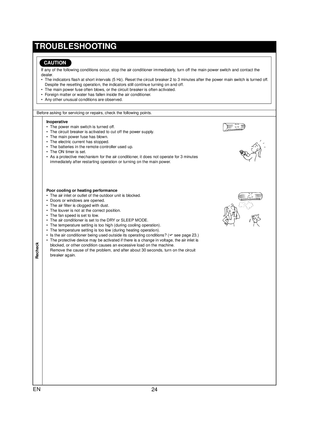 Toshiba RAS-07PKVP-E owner manual Troubleshooting, Recheck Inoperative, Poor cooling or heating performance 