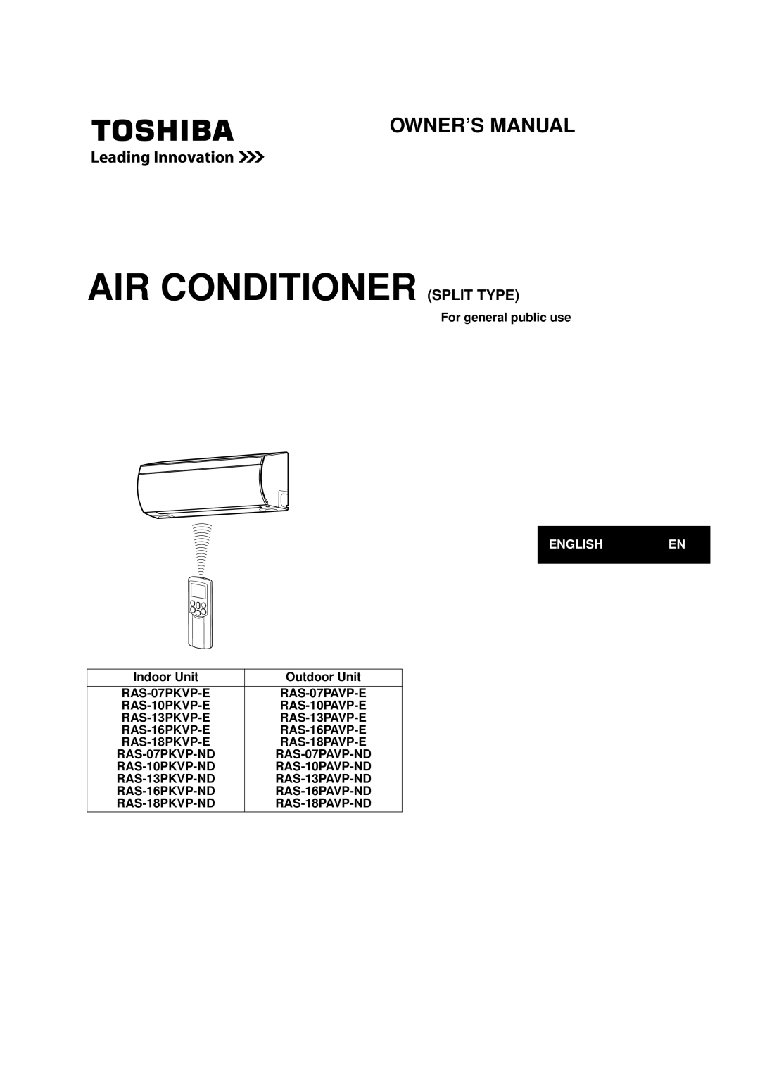 Toshiba RAS-07PKVP-E owner manual Air Conditioner Split Type, For general public use, English En, Indoor Unit 
