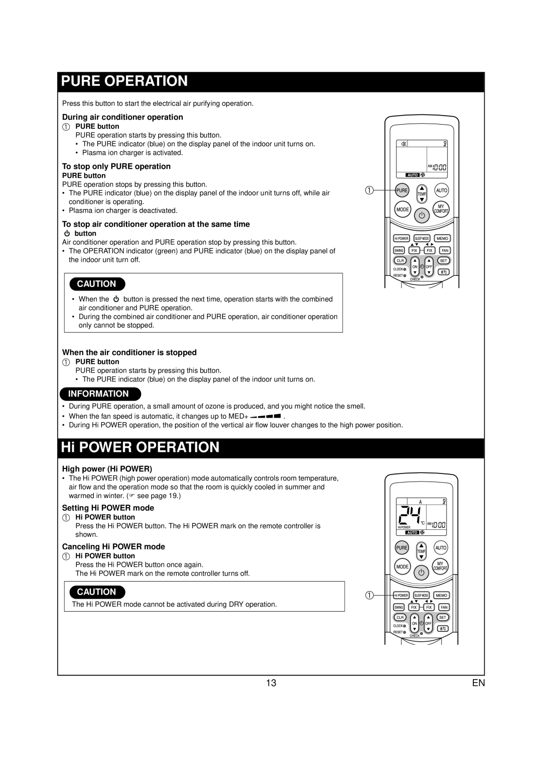 Toshiba RAS-07PKVP-E Pure Operation, Hi POWER OPERATION, Information, During air conditioner operation, a PURE button 