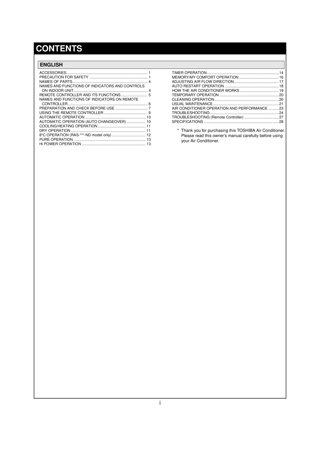 Toshiba RAS-07PKVP-E owner manual Contents, English 