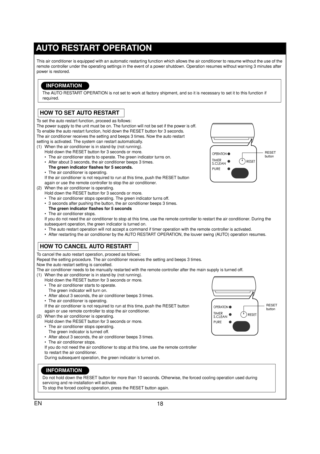 Toshiba RAS-07PKVP-E owner manual Auto Restart Operation, How To Set Auto Restart, How To Cancel Auto Restart, Information 
