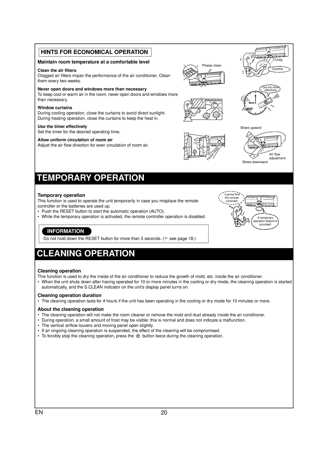 Toshiba RAS-07PKVP-E Temporary Operation, Cleaning Operation, Hints For Economical Operation, Information, Window curtains 