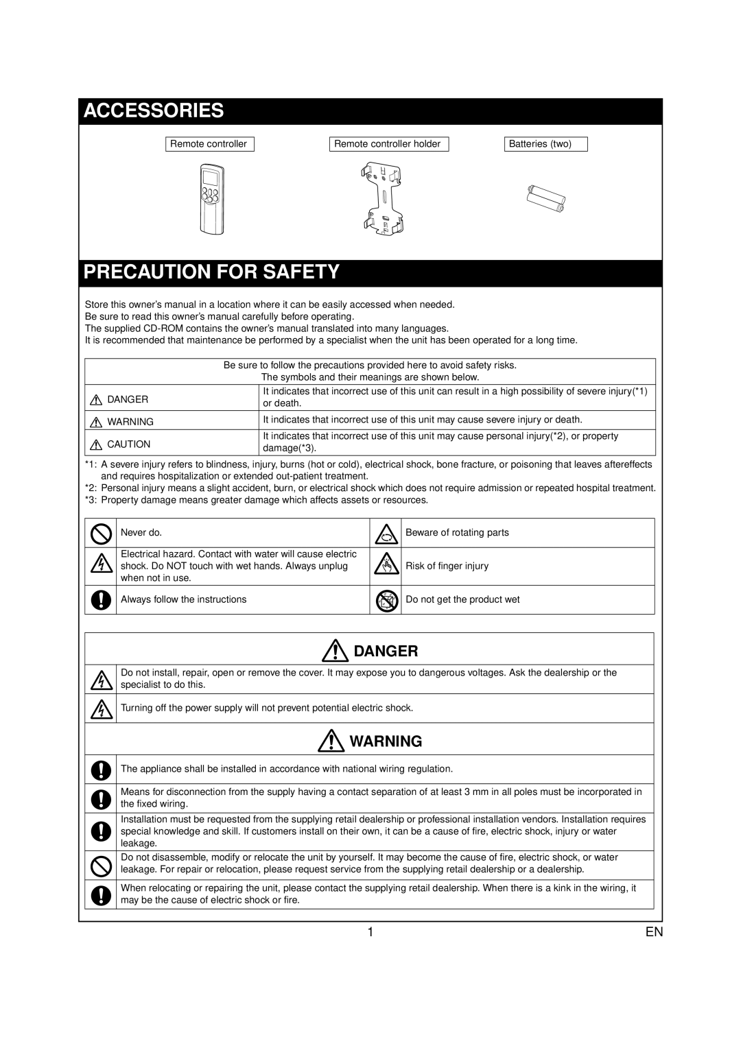 Toshiba RAS-07PKVP-E owner manual Accessories, Precaution For Safety, Danger 