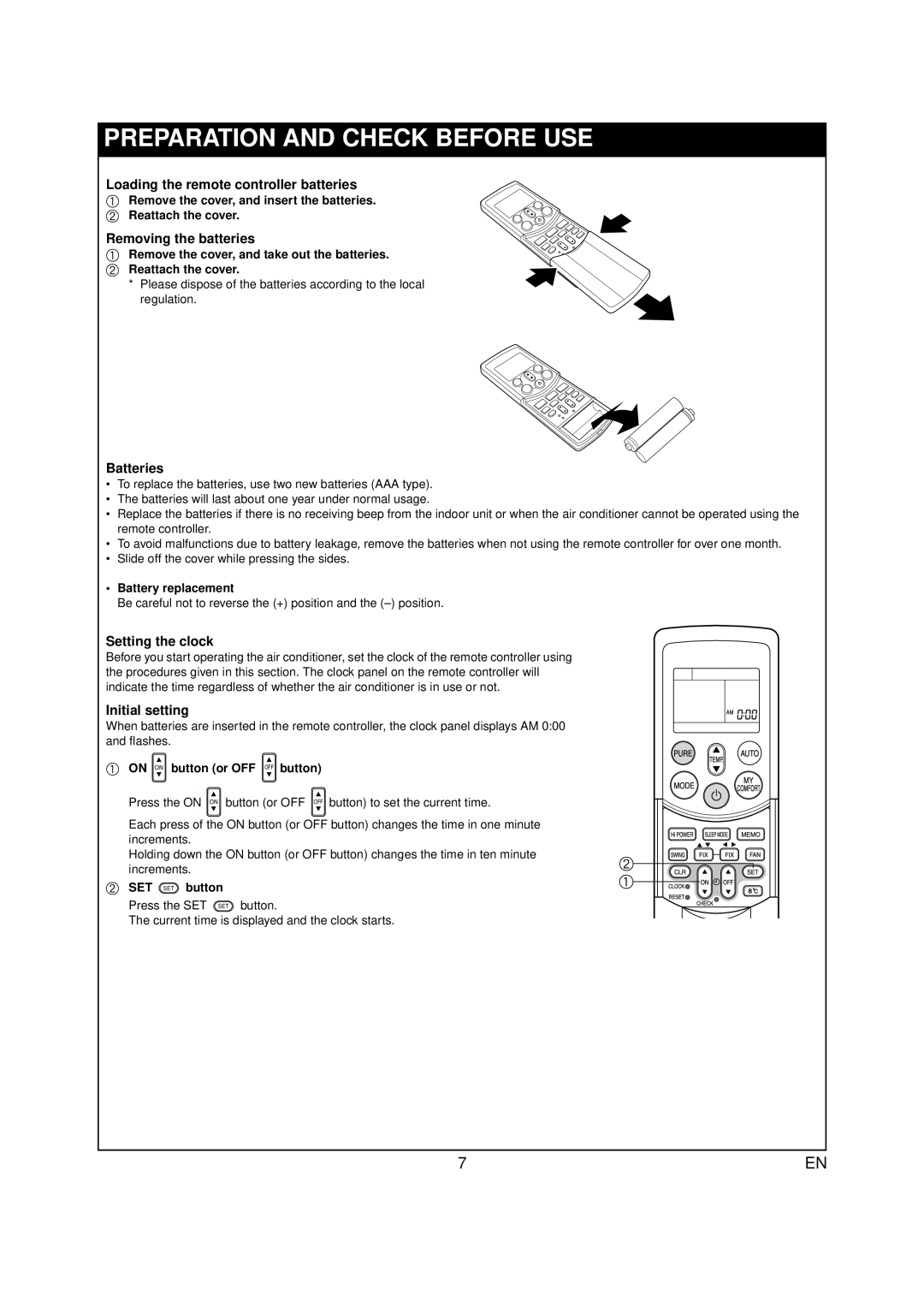 Toshiba RAS-07PKVP-E Preparation And Check Before Use, Loading the remote controller batteries, Removing the batteries 