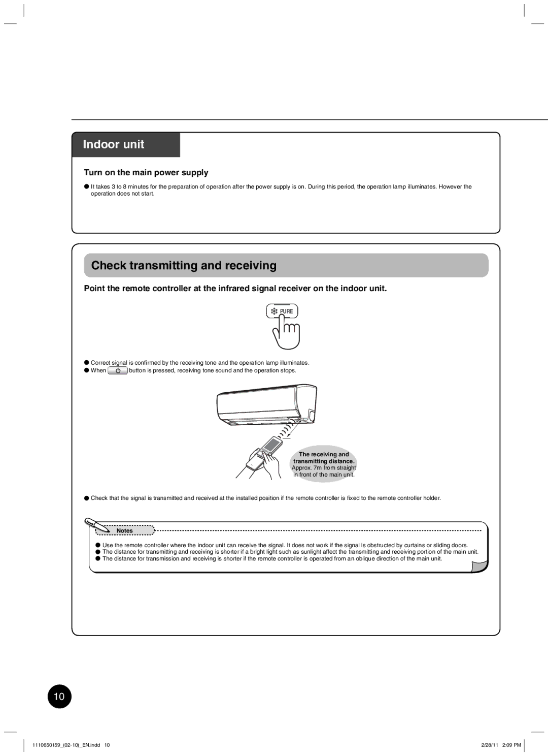 Toshiba RAS-10JKCVP owner manual Indoor unit, Turn on the main power supply 