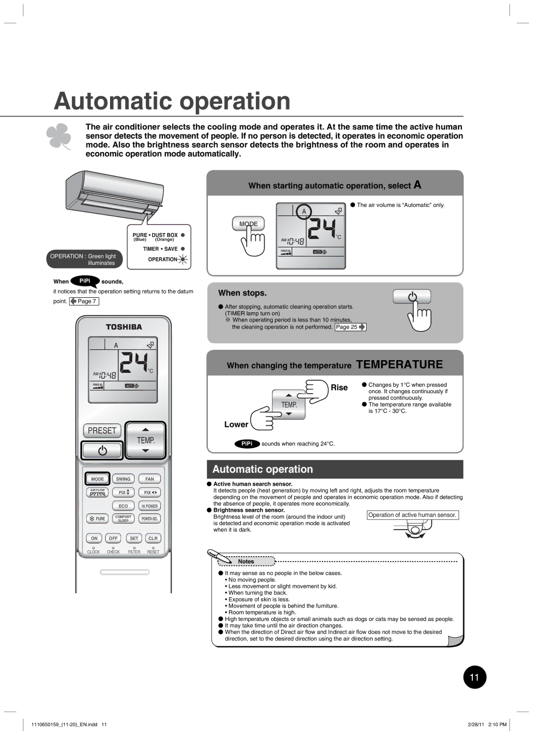 Toshiba RAS-10JKCVP owner manual Automatic operation, When starting automatic operation, select a, When stops, Lower 