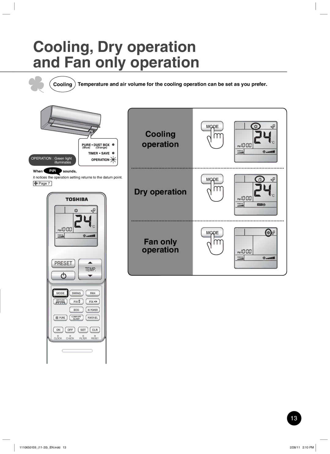 Toshiba RAS-10JKCVP owner manual Cooling, Dry operation and Fan only operation 