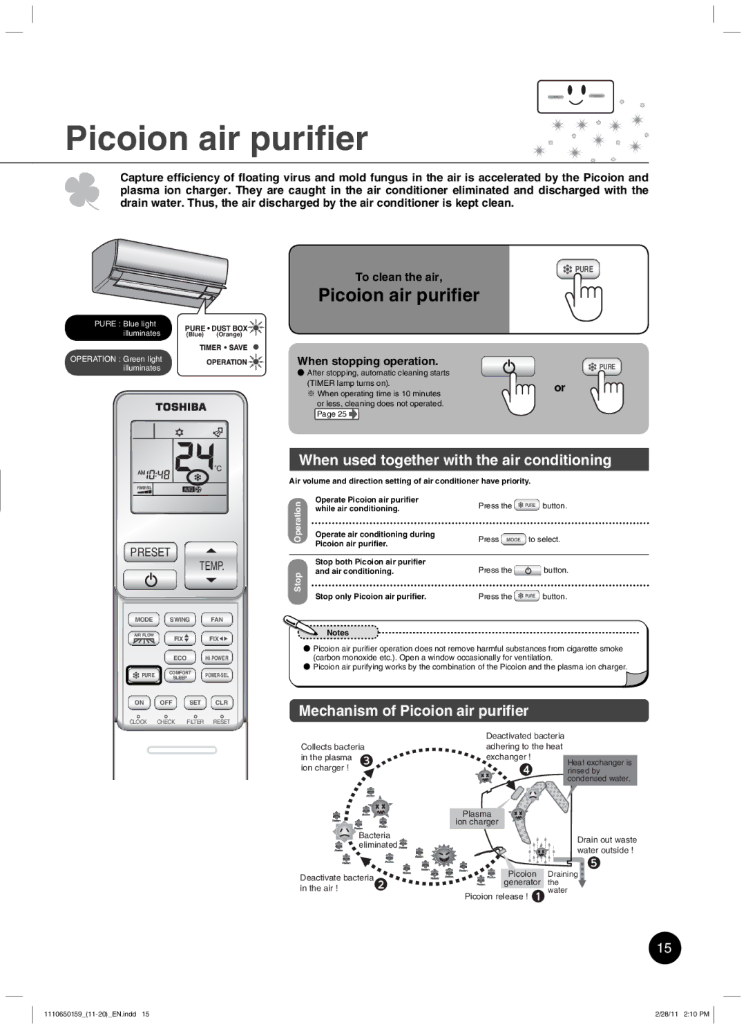 Toshiba RAS-10JKCVP owner manual Picoion air puriﬁer, To clean the air, When stopping operation 