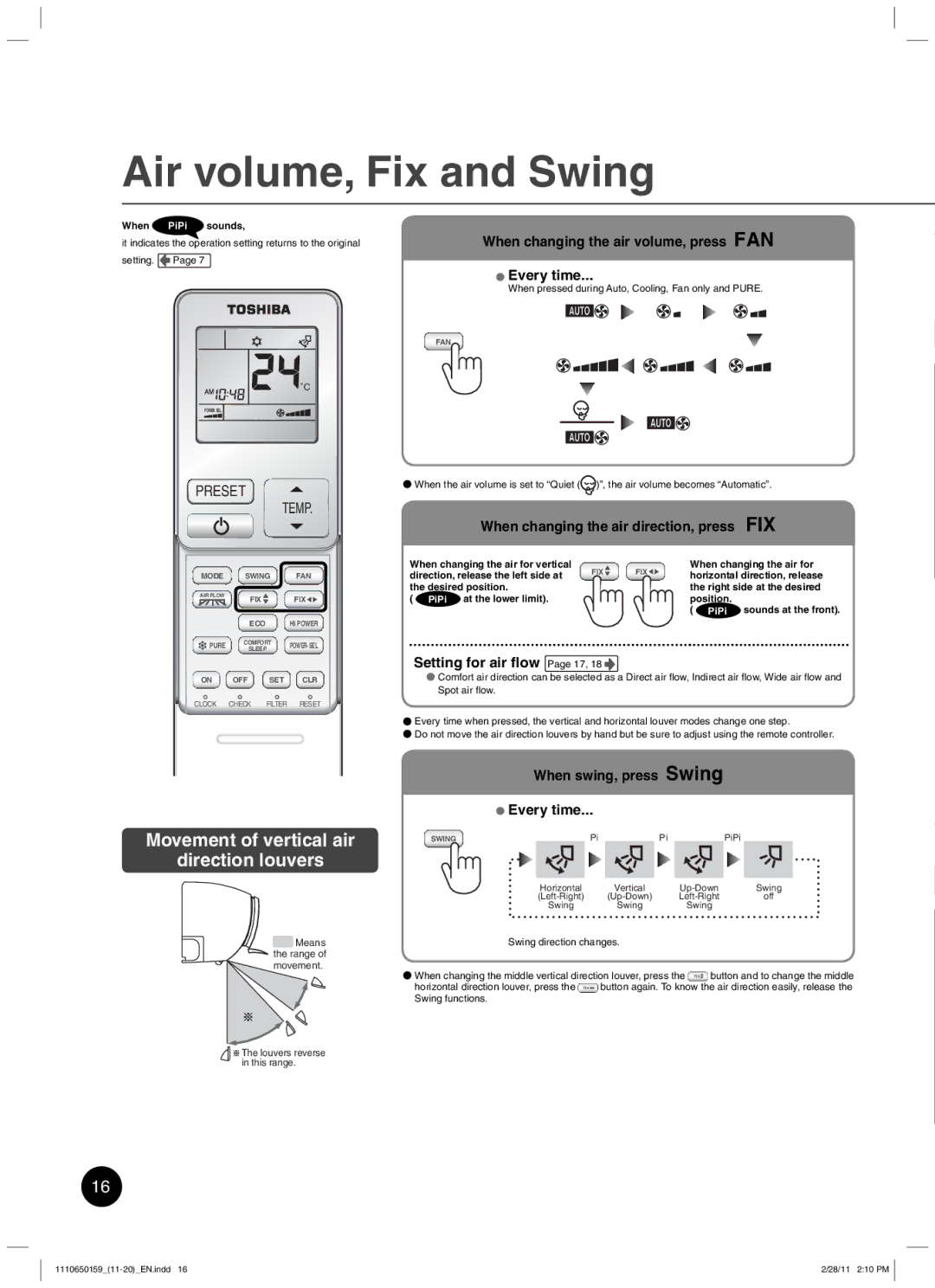 Toshiba RAS-10JKCVP owner manual Air volume, Fix and Swing, Every time, When changing the air direction, press FIX 