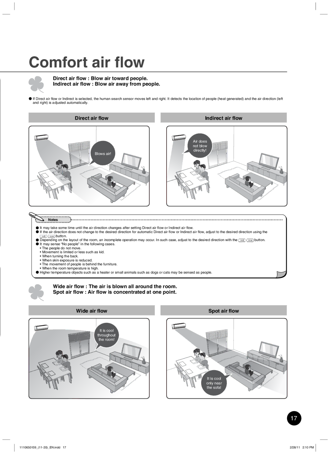 Toshiba RAS-10JKCVP owner manual Comfort air ﬂow, Direct air ﬂow 