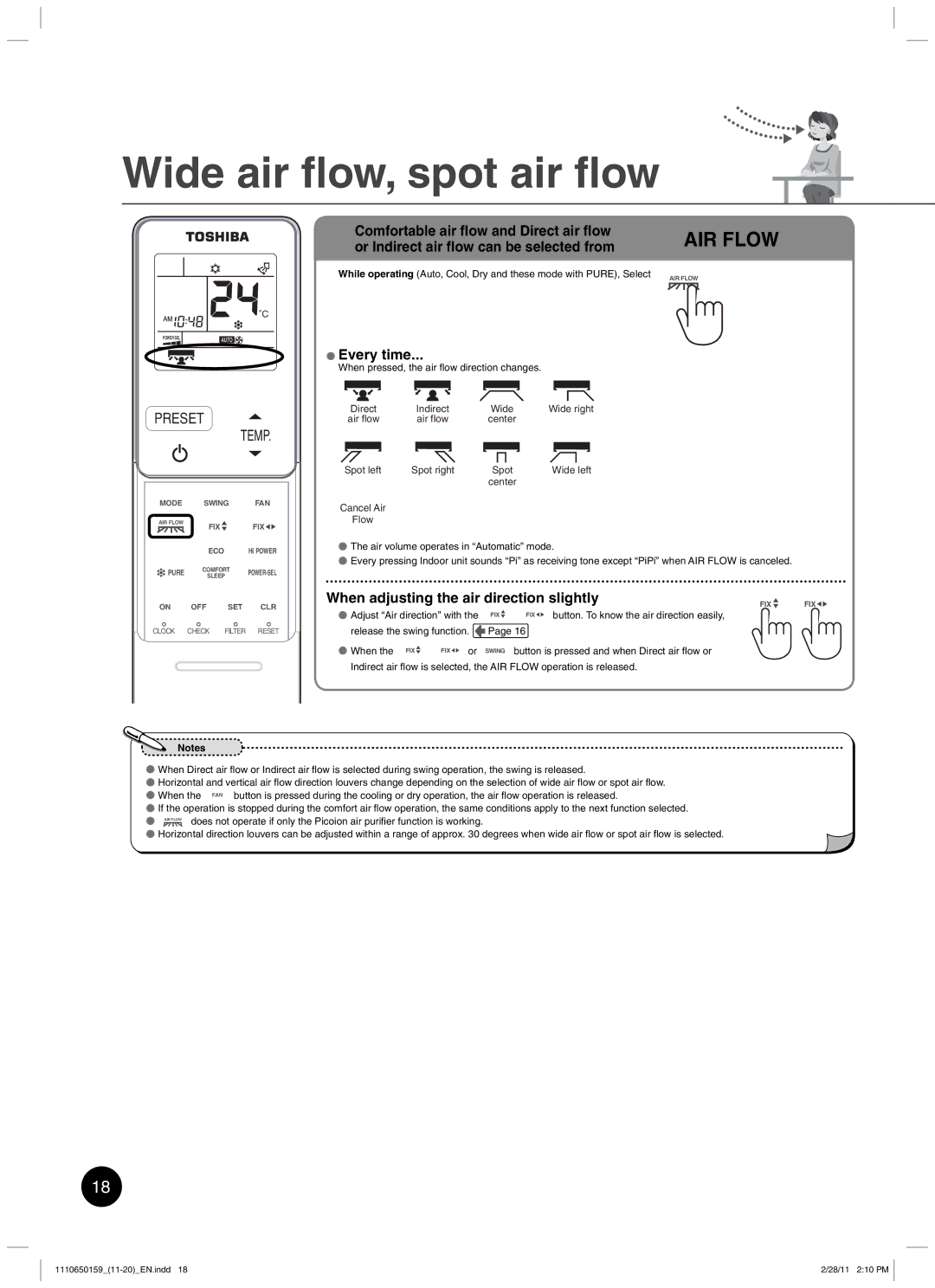 Toshiba RAS-10JKCVP owner manual Wide air ﬂow, spot air ﬂow, When adjusting the air direction slightly 