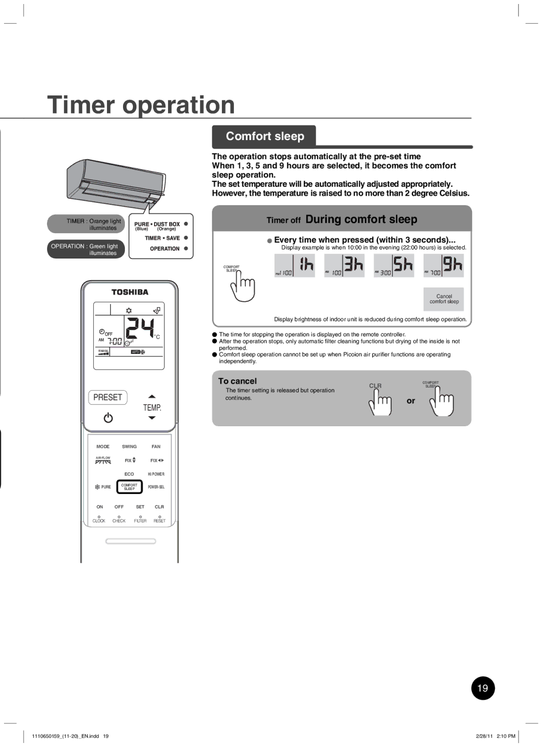 Toshiba RAS-10JKCVP owner manual Timer operation, Comfort sleep, Every time when pressed within 3 seconds, To cancel 