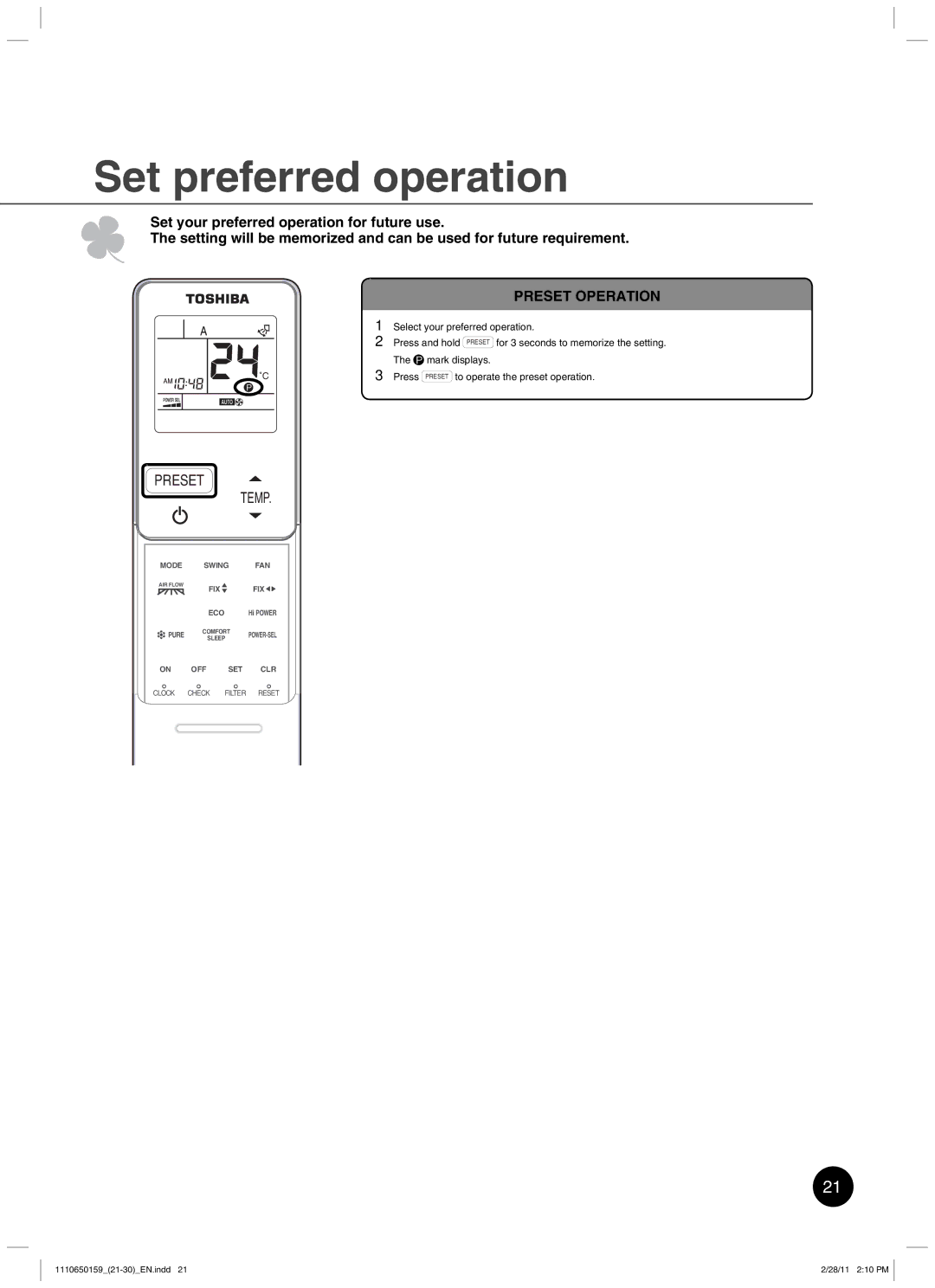 Toshiba RAS-10JKCVP owner manual Set preferred operation, Preset Operation 