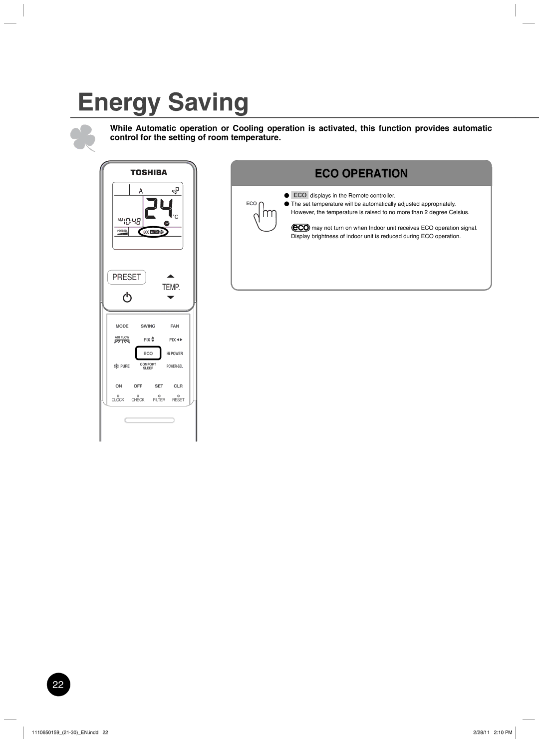 Toshiba RAS-10JKCVP owner manual Energy Saving, ECO Operation 