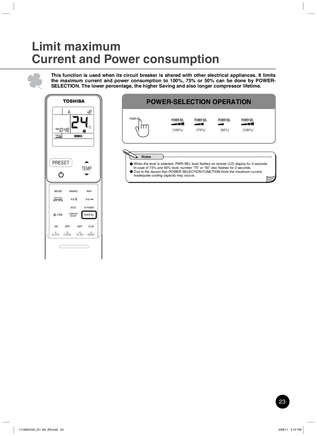 Toshiba RAS-10JKCVP owner manual Limit maximum Current and Power consumption 