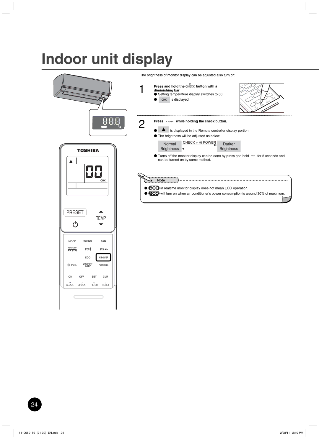 Toshiba RAS-10JKCVP owner manual Indoor unit display, Press Hi Power while holding the check button 