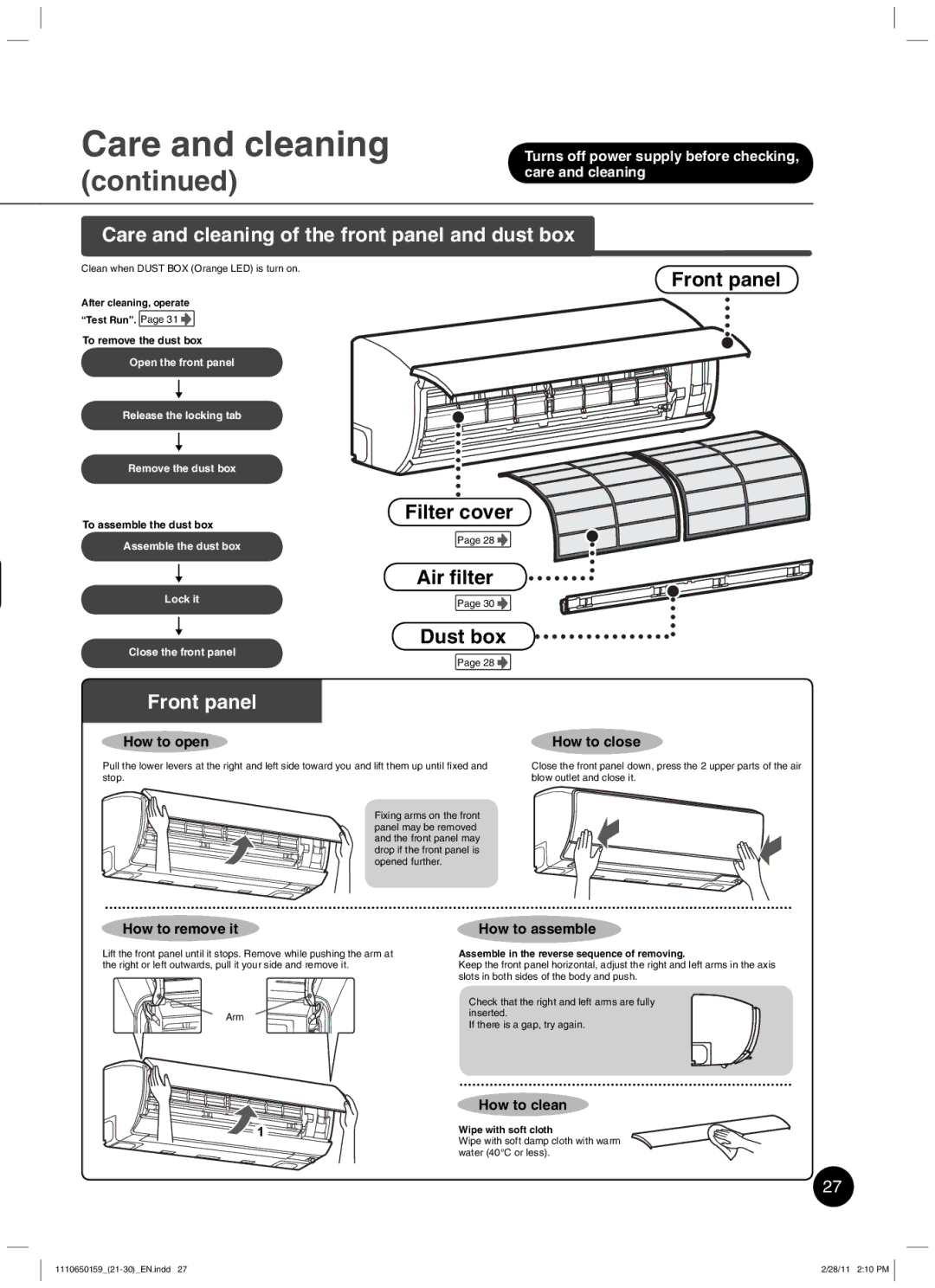 Toshiba RAS-10JKCVP owner manual Care and cleaning of the front panel and dust box, Front panel 