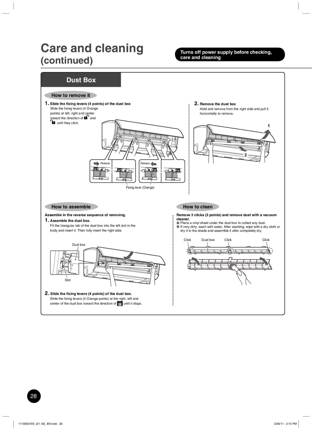 Toshiba RAS-10JKCVP owner manual Dust Box, Slide the ﬁxing levers 4 points of the dust box 