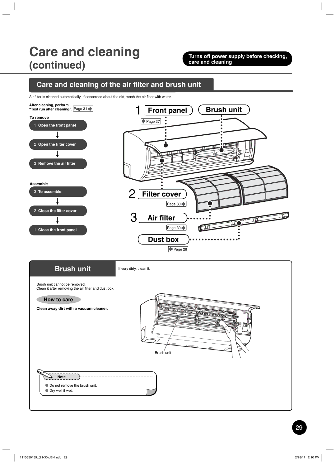 Toshiba RAS-10JKCVP owner manual Care and cleaning of the air filter and brush unit, Brush unit, How to care 