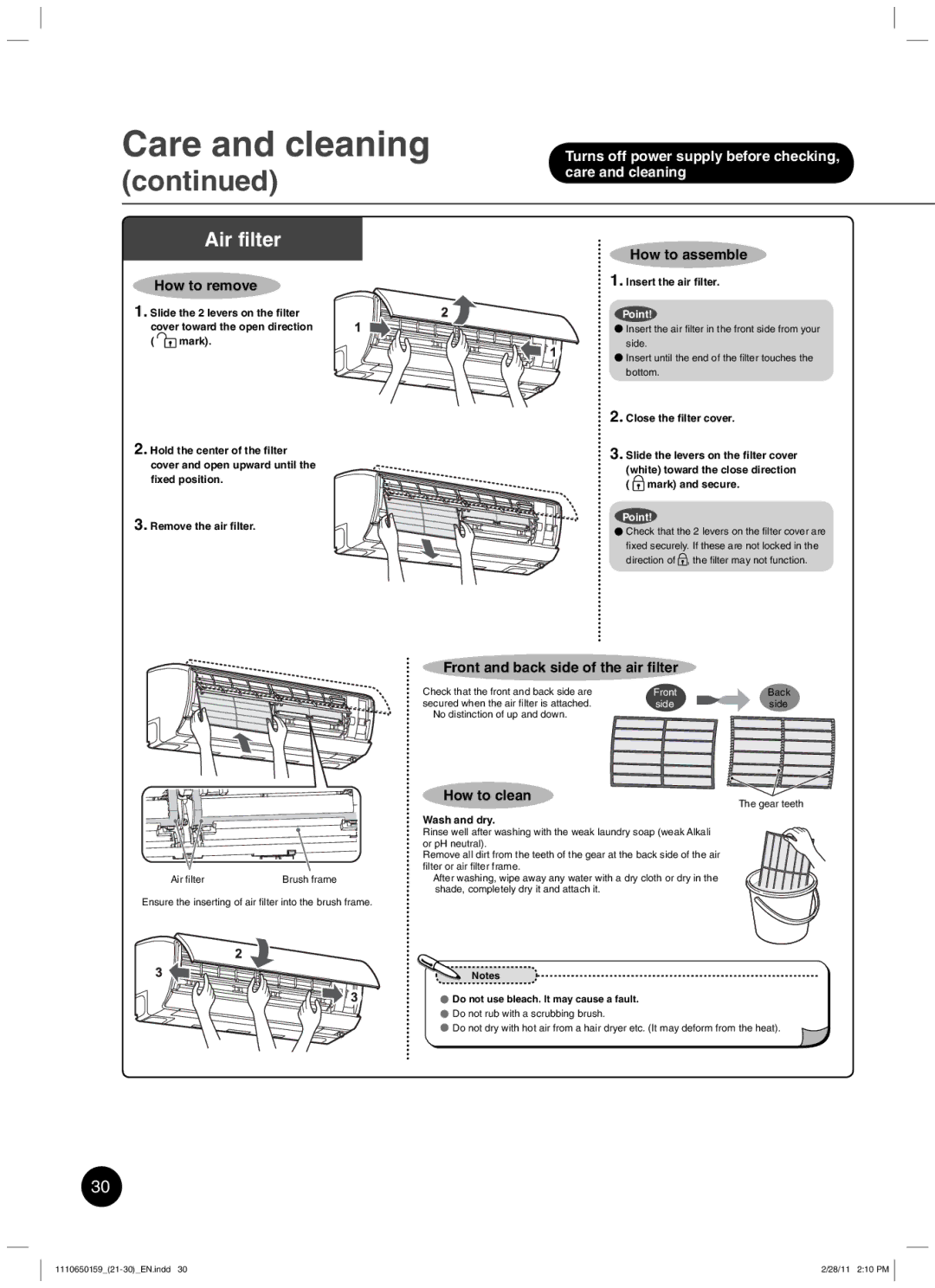 Toshiba RAS-10JKCVP owner manual Air filter, How to remove, Front and back side of the air ﬁlter 