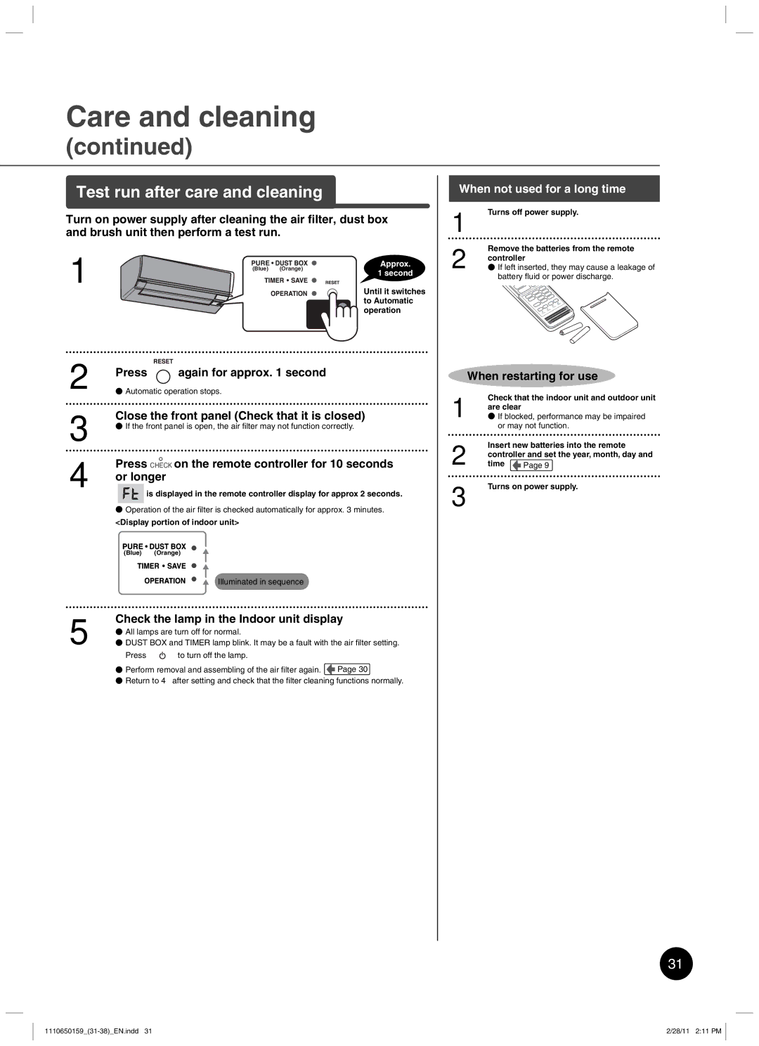 Toshiba RAS-10JKCVP owner manual Test run after care and cleaning, Press again for approx second, When restarting for use 