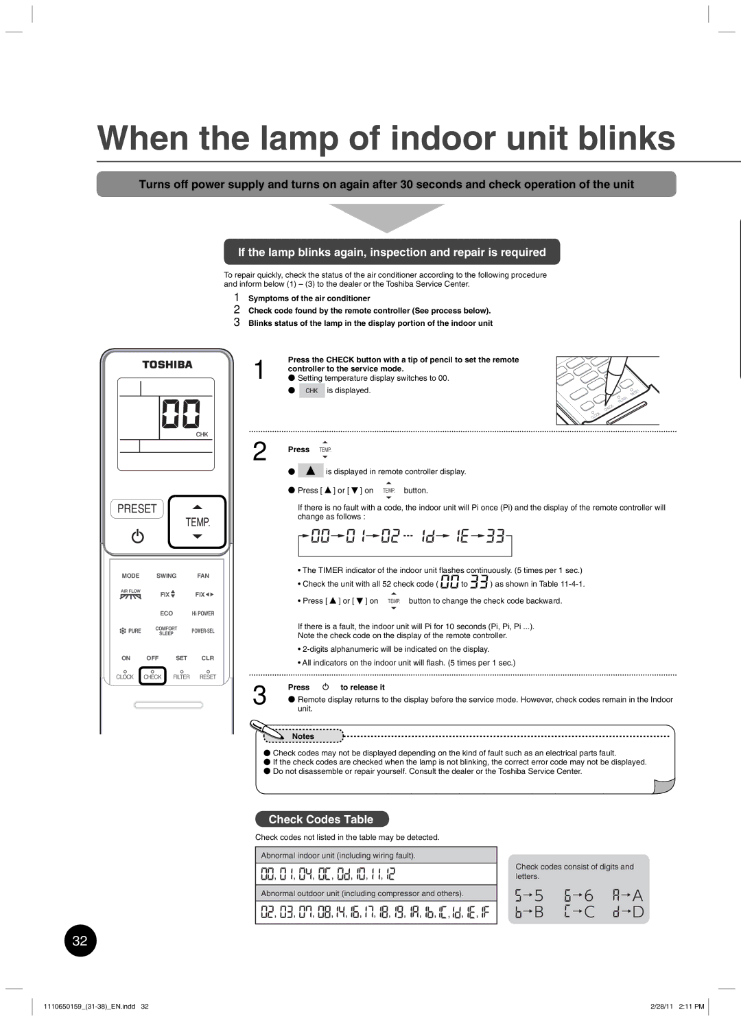 Toshiba RAS-10JKCVP When the lamp of indoor unit blinks, If the lamp blinks again, inspection and repair is required 