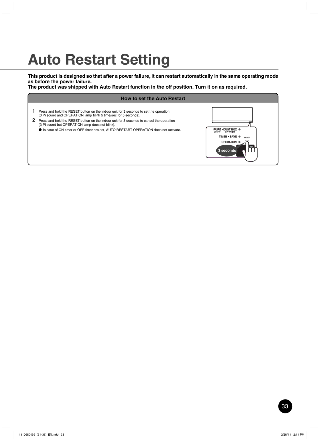 Toshiba RAS-10JKCVP owner manual Auto Restart Setting 