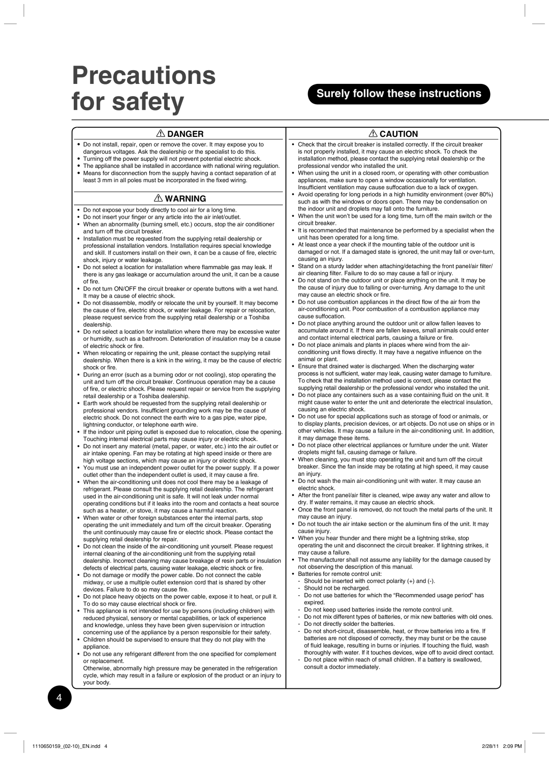 Toshiba RAS-10JKCVP owner manual Precautions For safety 