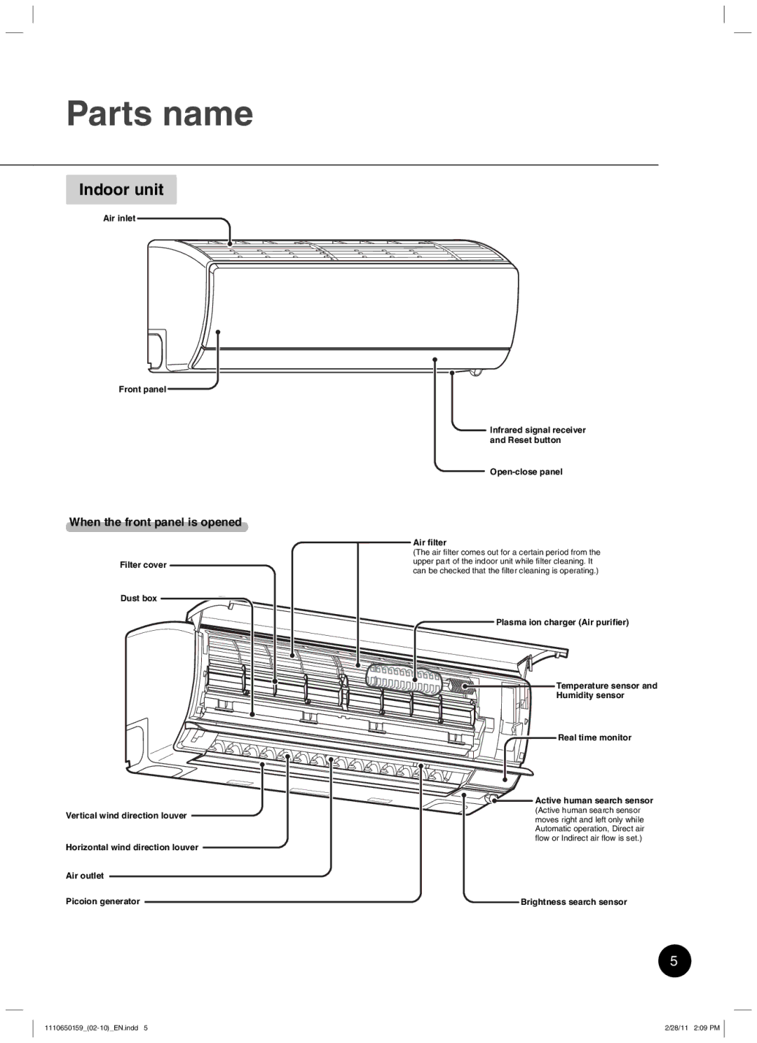 Toshiba RAS-10JKCVP Parts name, When the front panel is opened, Air inlet Front panel, Open-close panel Air ﬁlter 