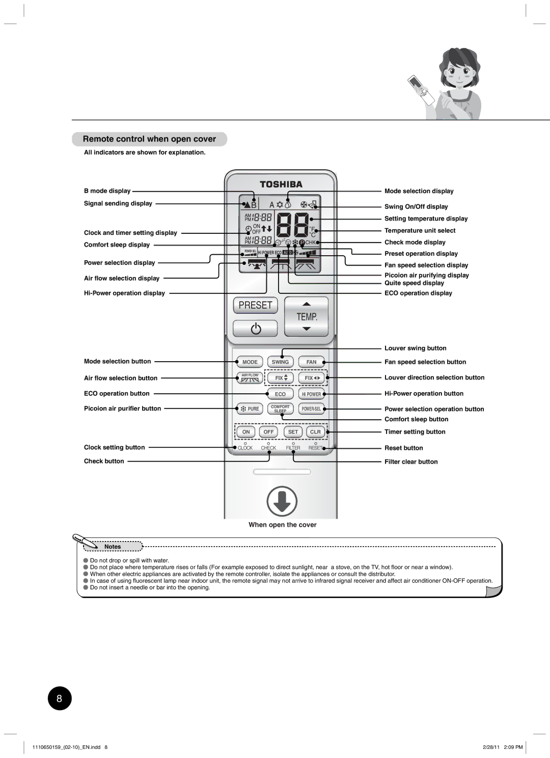 Toshiba RAS-10JKCVP owner manual Remote control when open cover, Comfort sleep display 