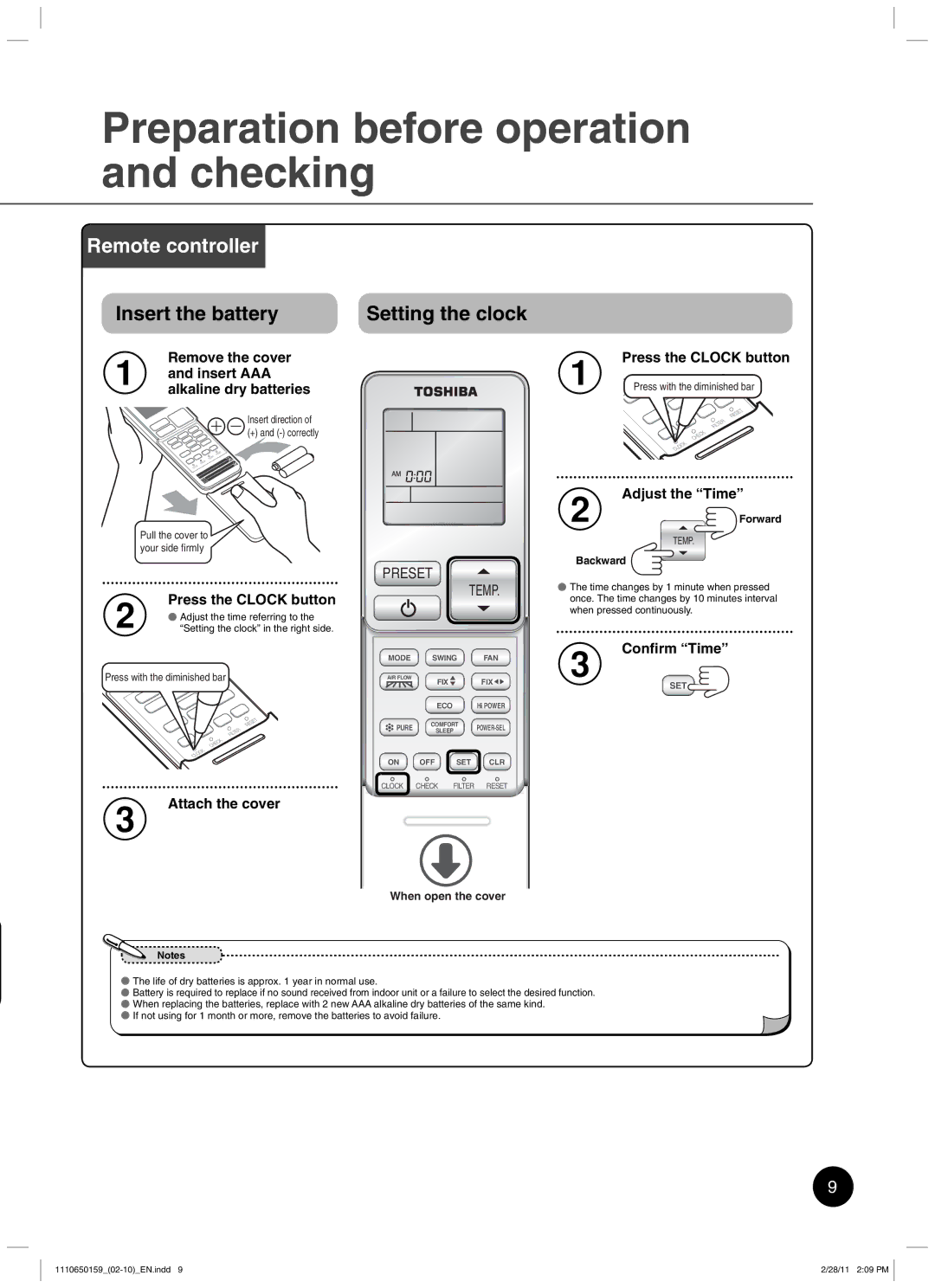 Toshiba RAS-10JKCVP owner manual Preparation before operation and checking, Remote controller 