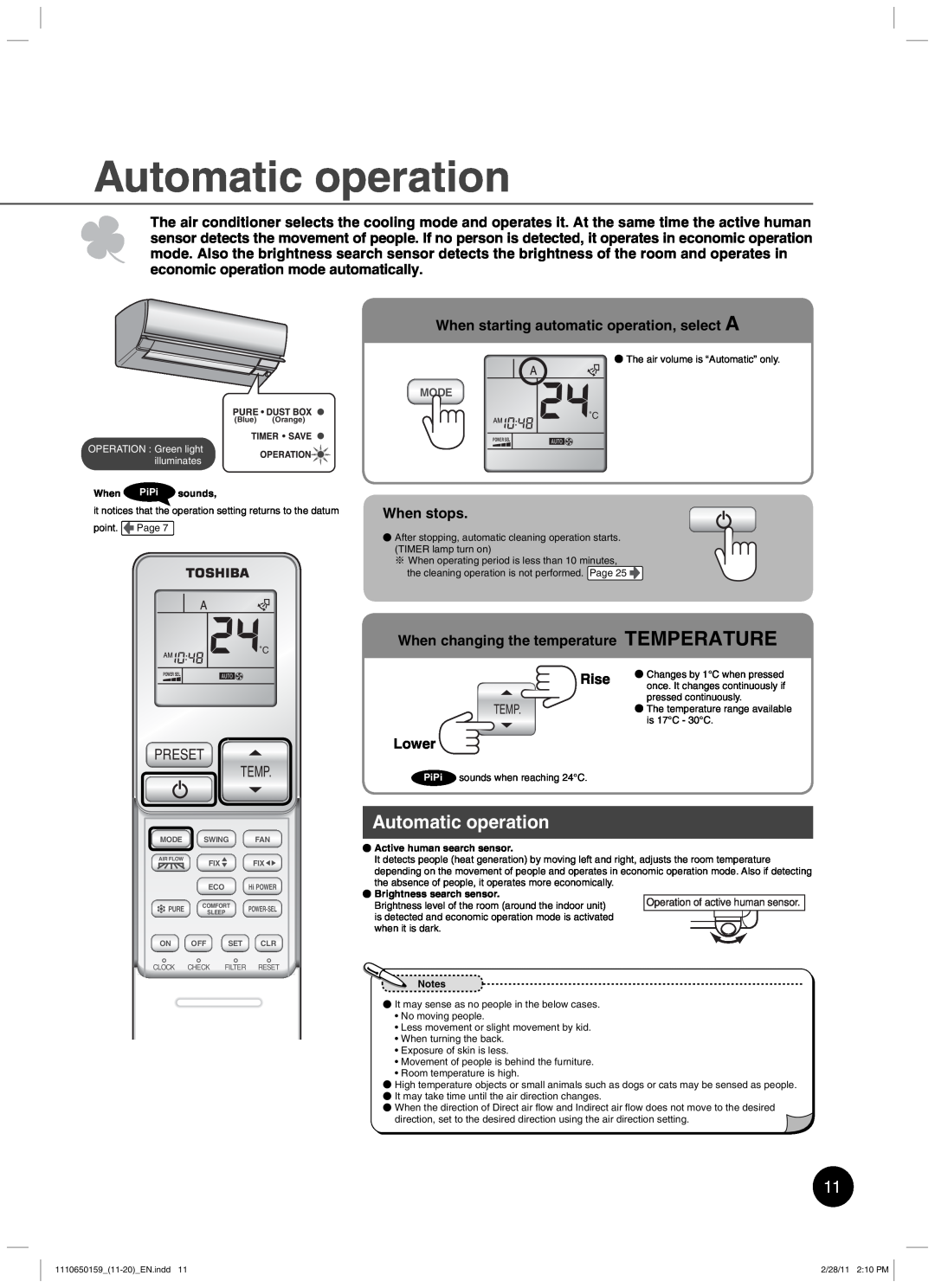 Toshiba RAS-10JKCVP Automatic operation, Preset Temp, When starting automatic operation, select A, When stops, Lower, Mode 