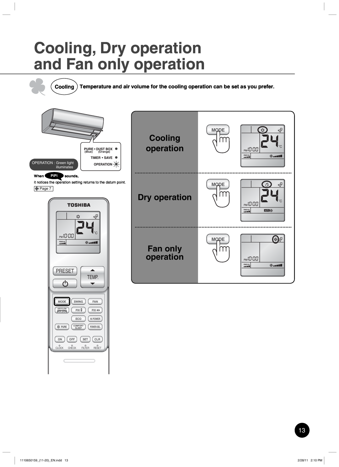 Toshiba RAS-10JKCVP Cooling, Dry operation and Fan only operation, Cooling operation, Preset Temp, Mode, ˚C ˚C, Sleep 
