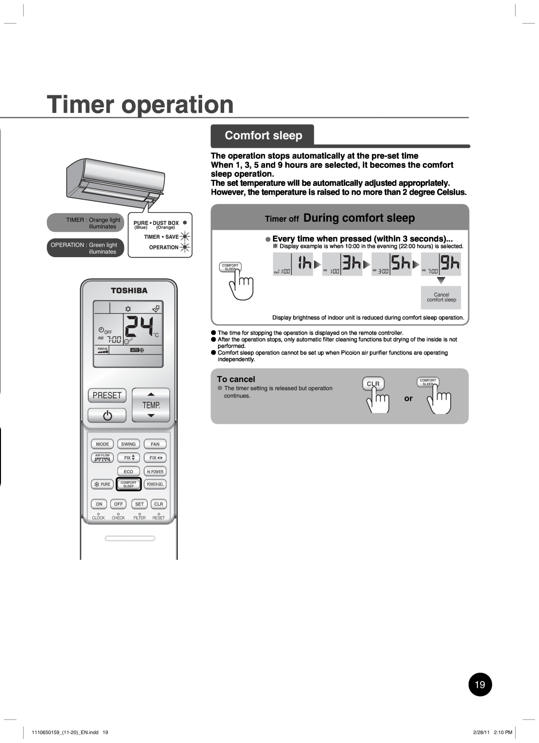 Toshiba RAS-10JKCVP Timer operation, Comfort sleep, Timer off During comfort sleep, Preset Temp, To cancel, illuminates 