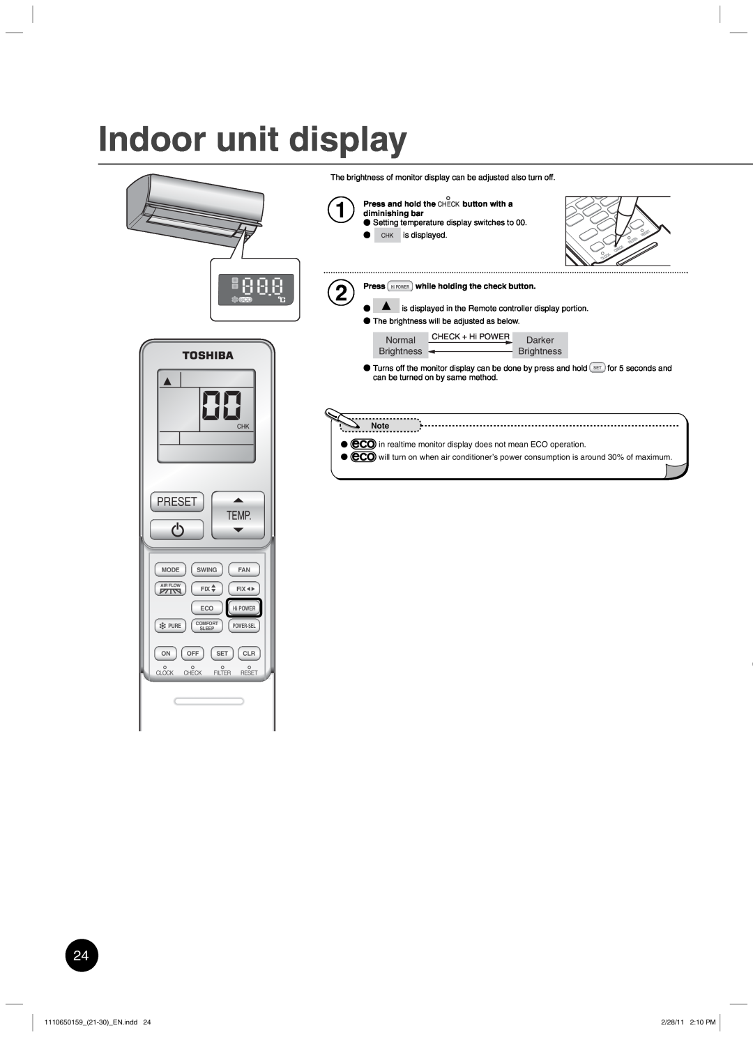 Toshiba RAS-10JKCVP owner manual Indoor unit display, Preset Temp, Normal, Darker 
