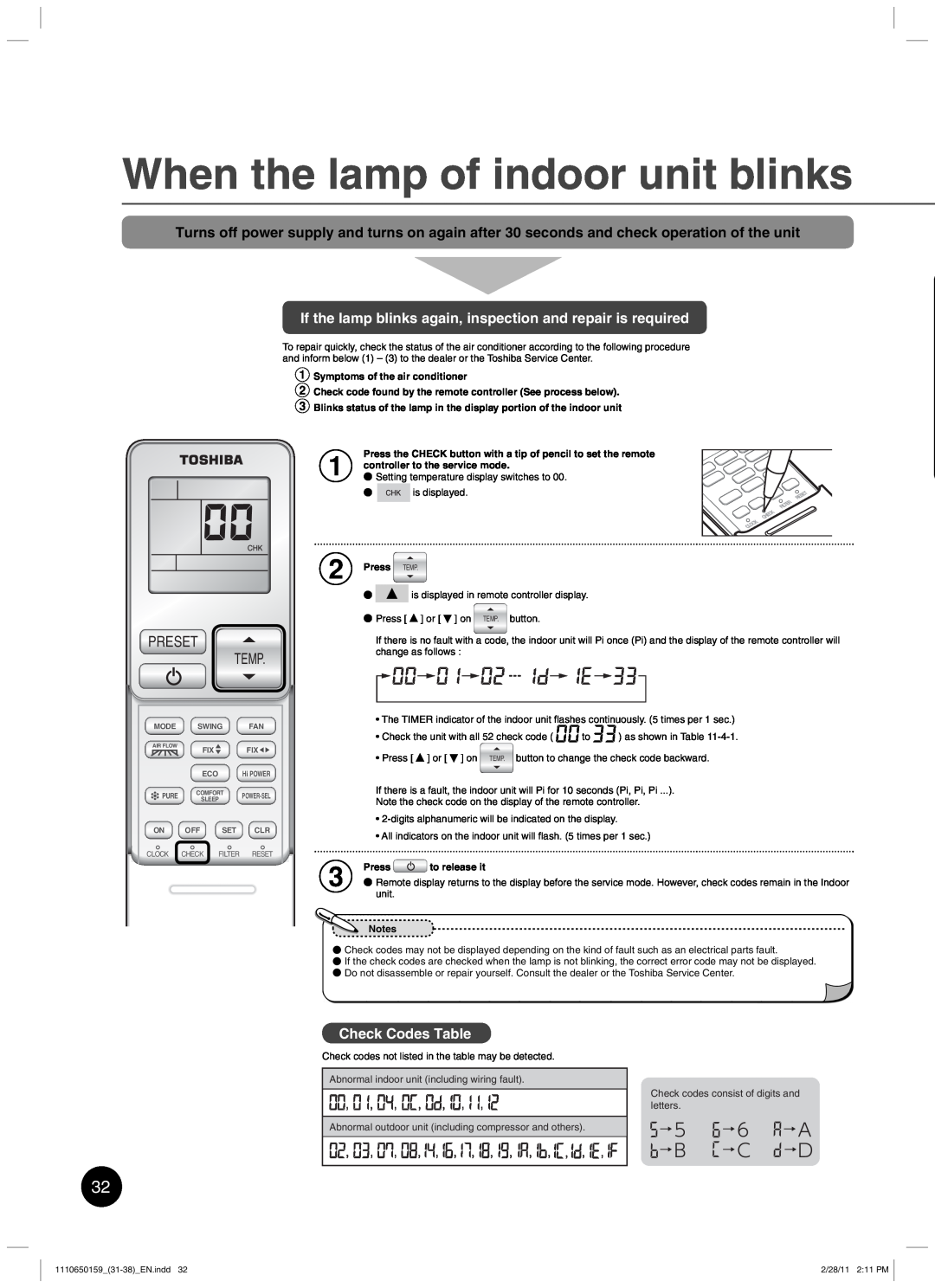 Toshiba RAS-10JKCVP owner manual When the lamp of indoor unit blinks, Check Codes Table, Preset Temp, Press TEMP 
