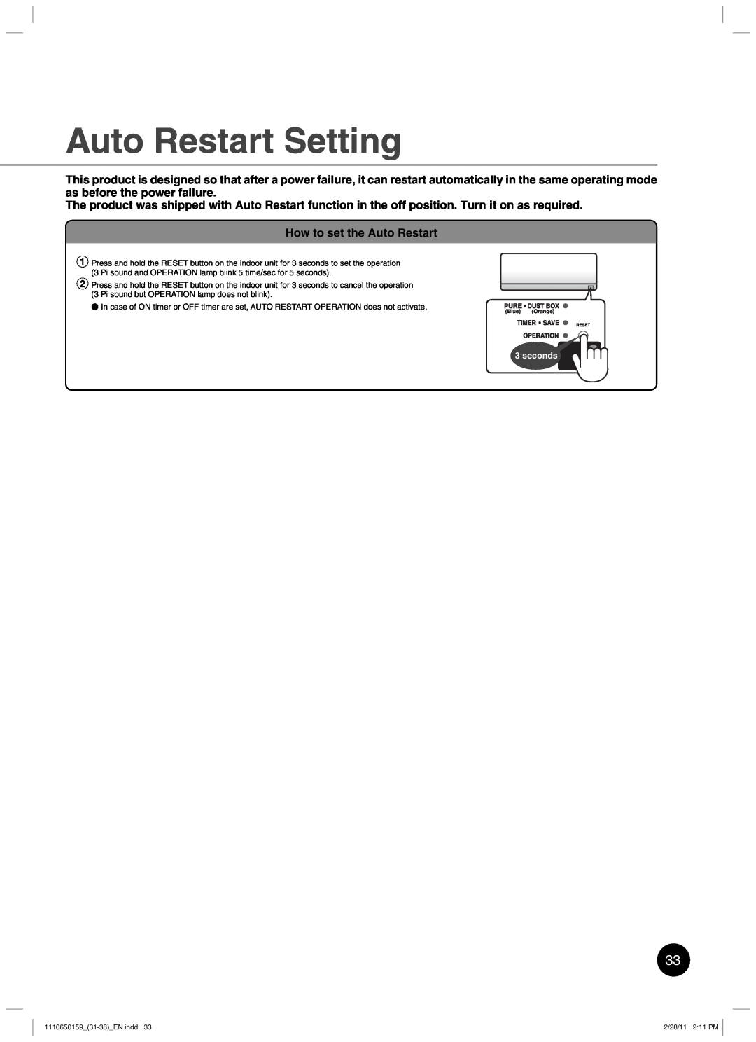 Toshiba RAS-10JKCVP owner manual Auto Restart Setting, How to set the Auto Restart 