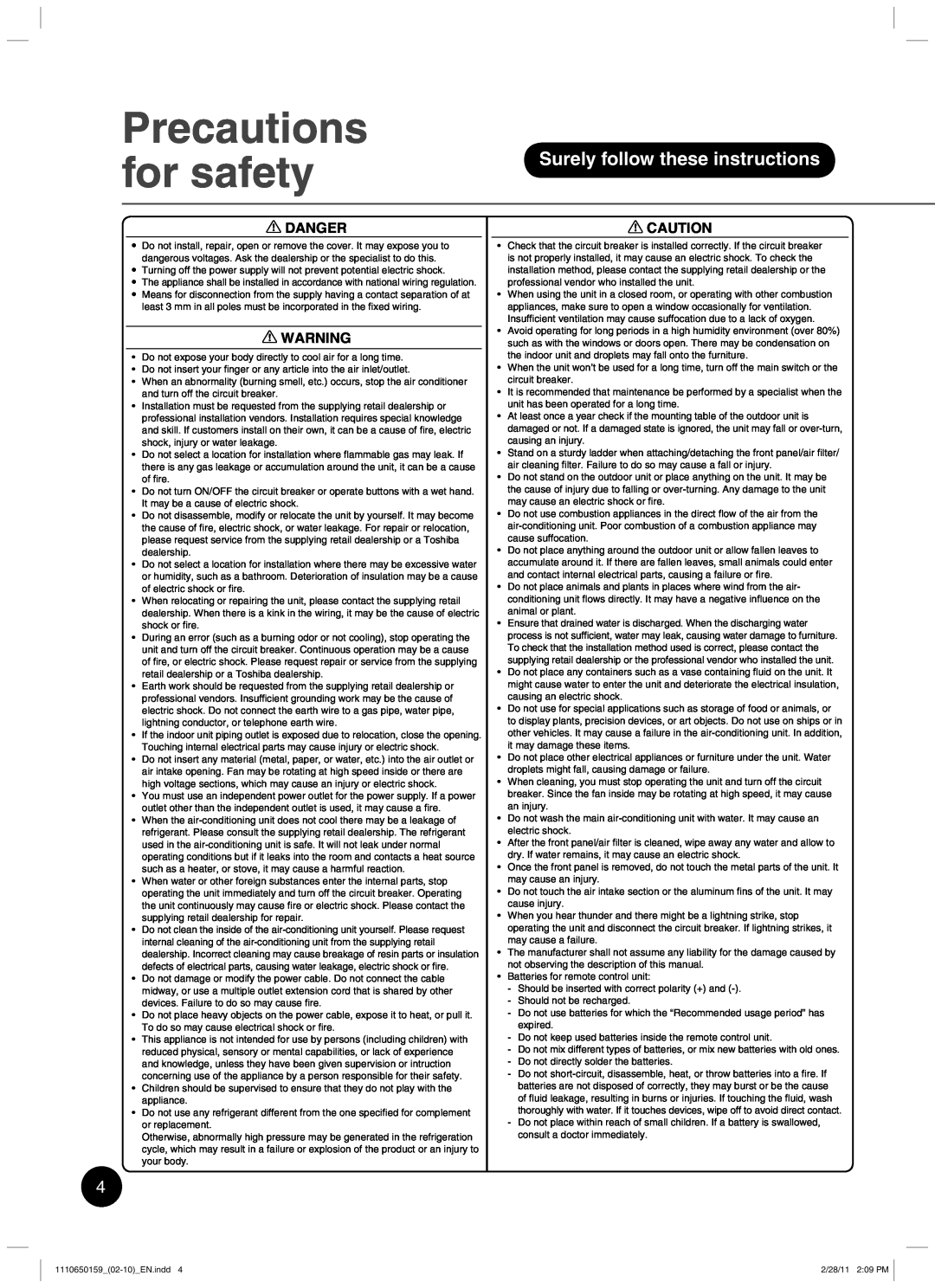 Toshiba RAS-10JKCVP owner manual Precautions, for safety, Surely follow these instructions, Danger 