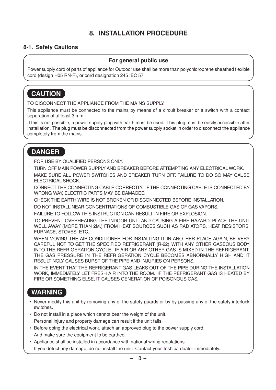 Toshiba RAS-10SK-E, RAS-10SKX, RAS-10SAX, RAS-10SA-E Installation Procedure, Safety Cautions For general public use 