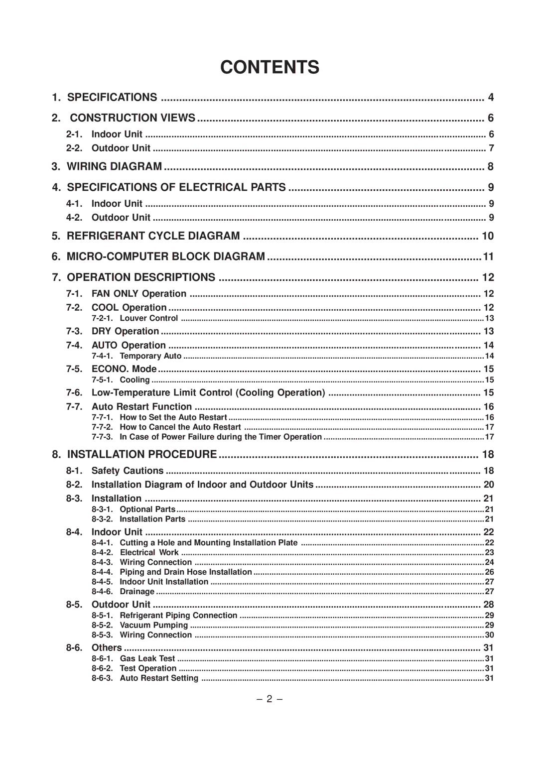 Toshiba RAS-10SK-E, RAS-10SKX, RAS-10SAX, RAS-10SA-E service manual Contents 