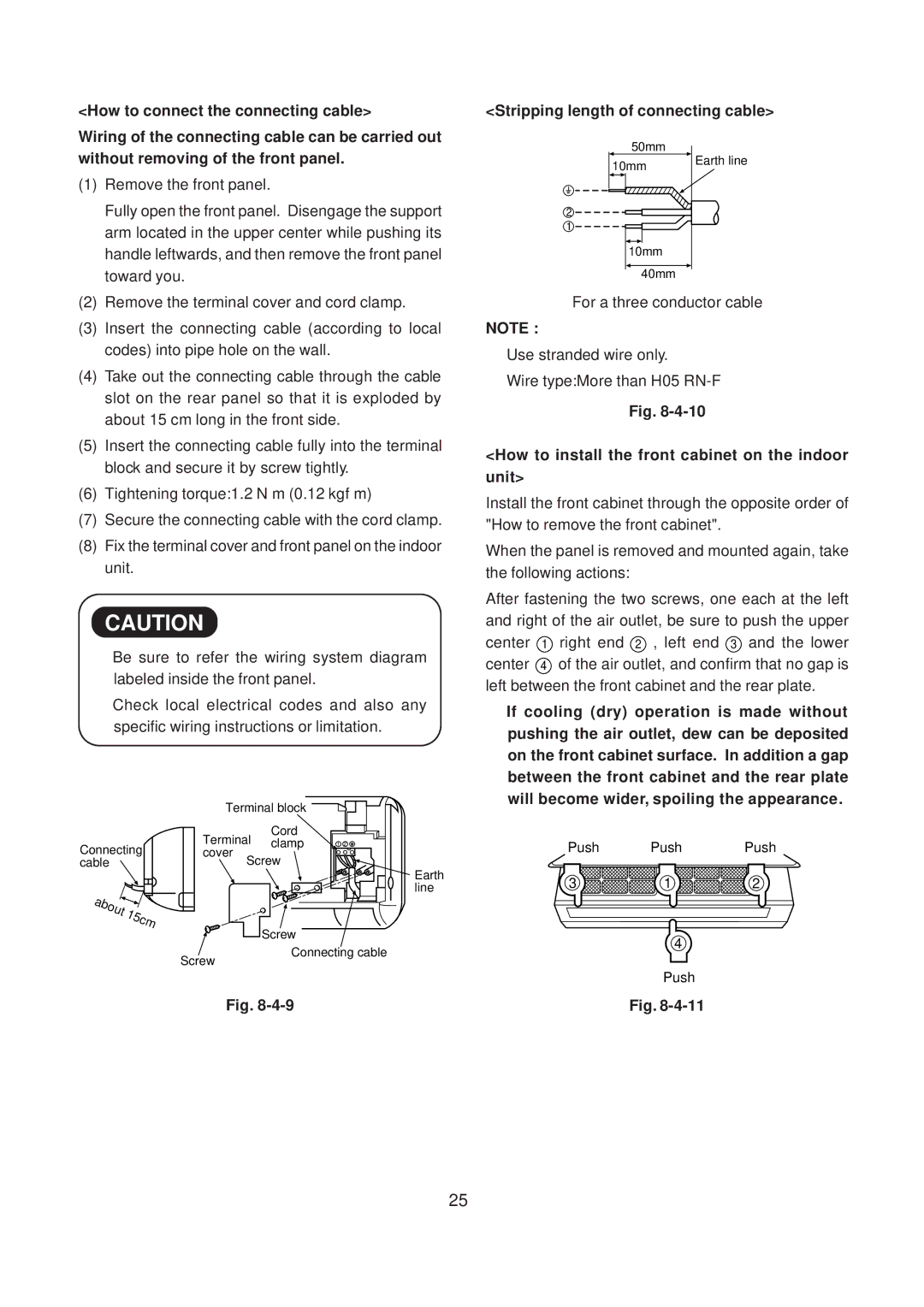 Toshiba RAS-10SAX, RAS-10SKX Stripping length of connecting cable, How to install the front cabinet on the indoor unit 