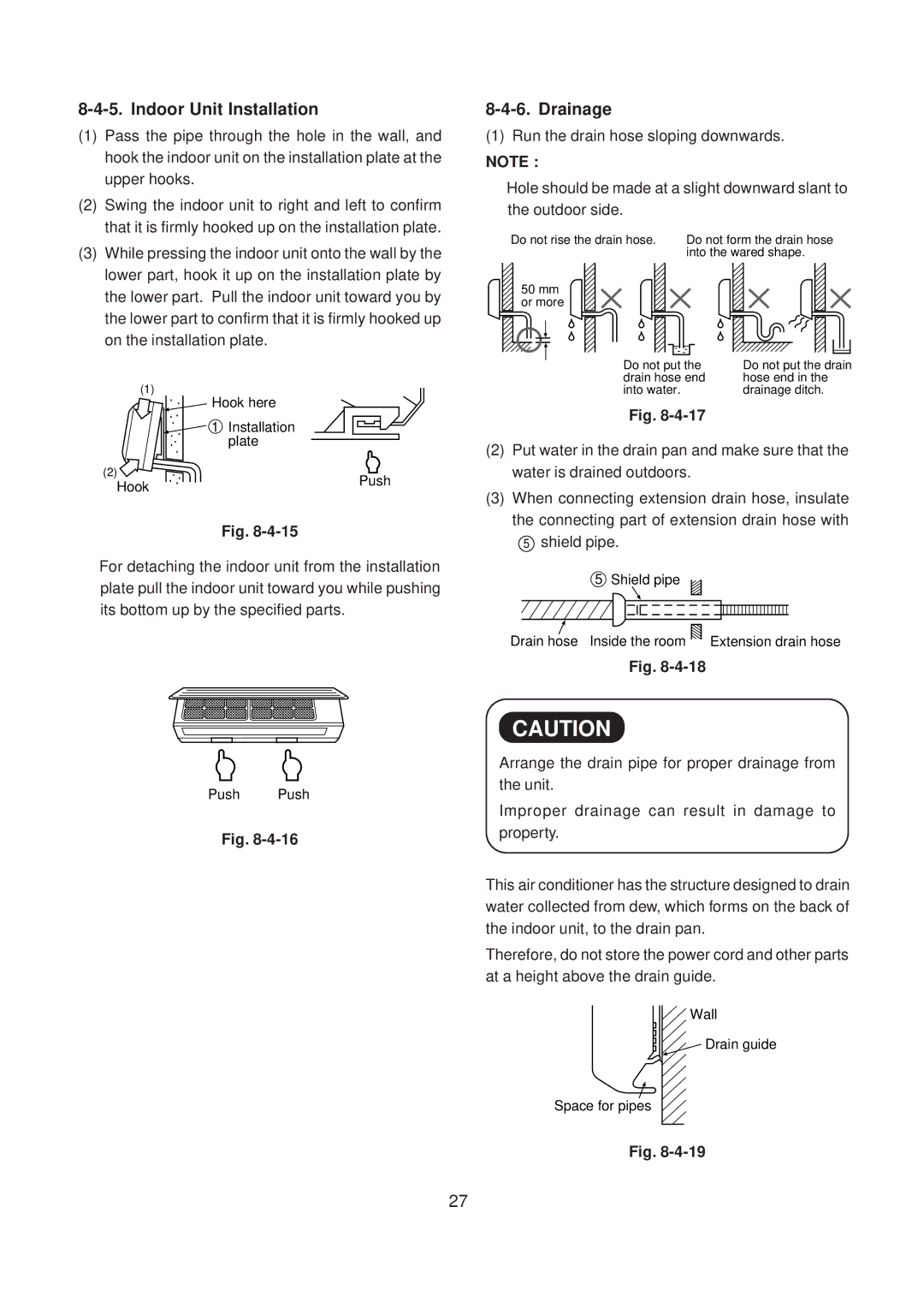 Toshiba RAS-10SA-E, RAS-10SKX, RAS-10SAX, RAS-10SK-E service manual Indoor Unit Installation, Drainage 