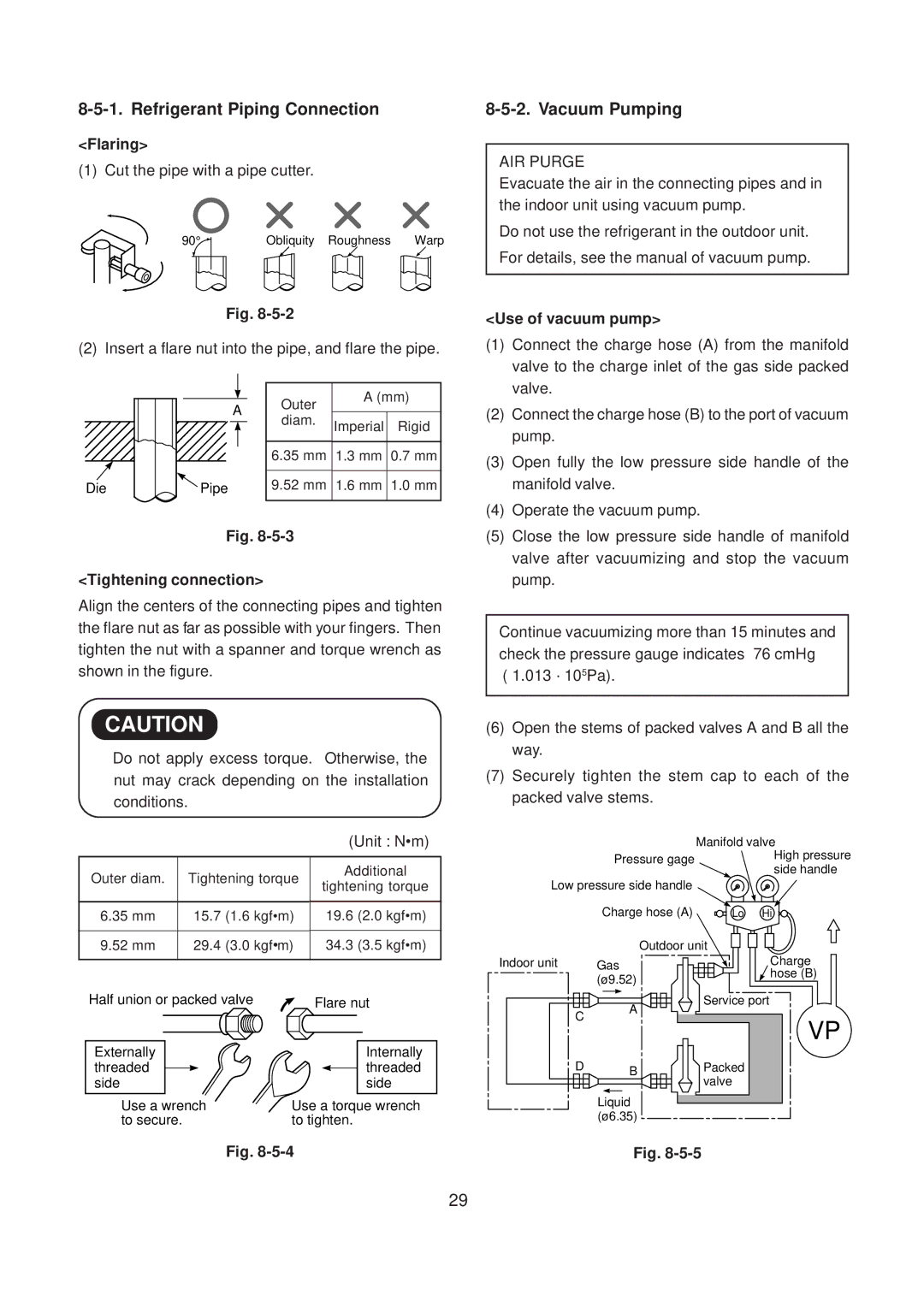 Toshiba RAS-10SAX Refrigerant Piping Connection, Vacuum Pumping, Flaring, Tightening connection, Use of vacuum pump 