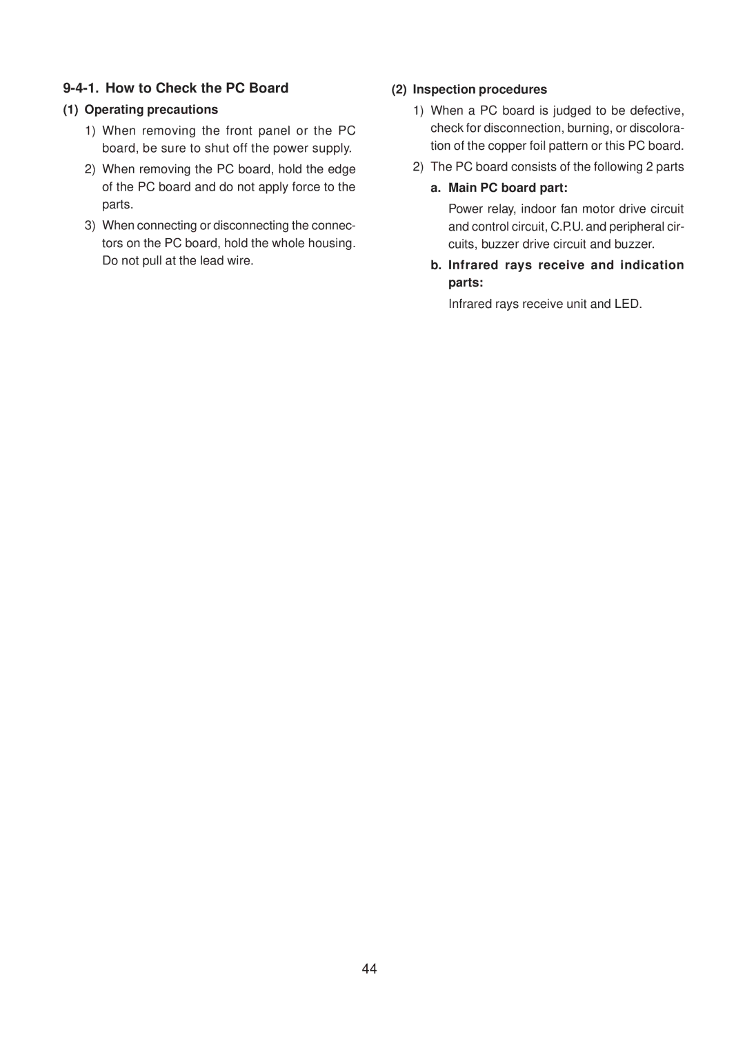 Toshiba RAS-10SKX, RAS-10SAX How to Check the PC Board, Operating precautions, Inspection procedures, Main PC board part 