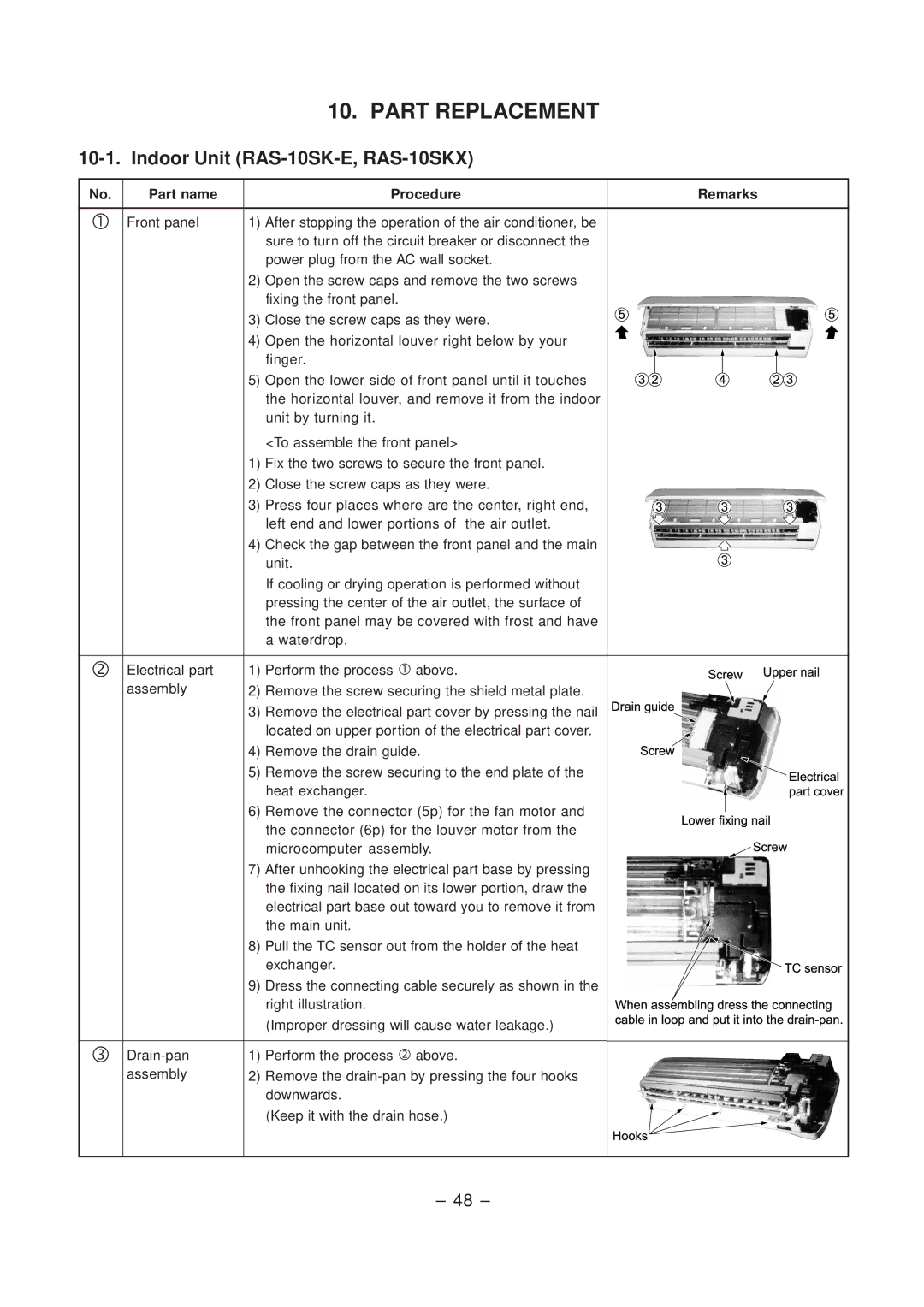 Toshiba RAS-10SAX, RAS-10SA-E service manual Part Replacement, Indoor Unit RAS-10SK-E, RAS-10SKX 