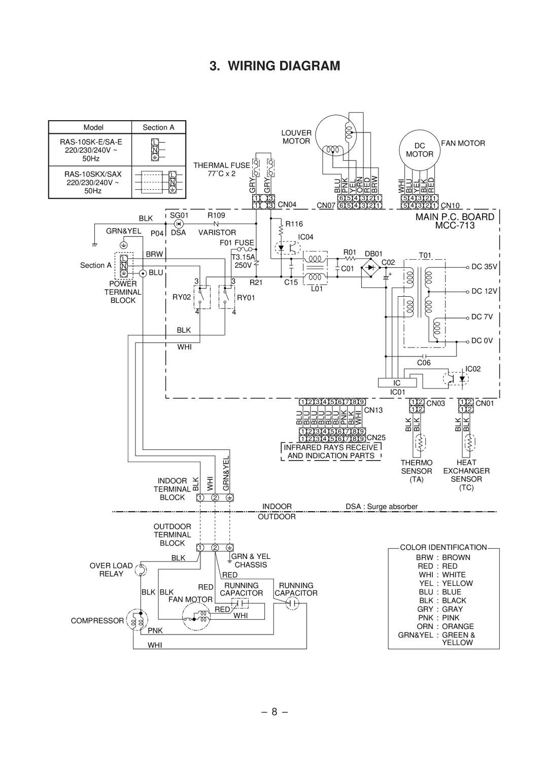 Toshiba RAS-10SKX, RAS-10SAX, RAS-10SK-E, RAS-10SA-E service manual Wiring Diagram, Main P.C. Board 