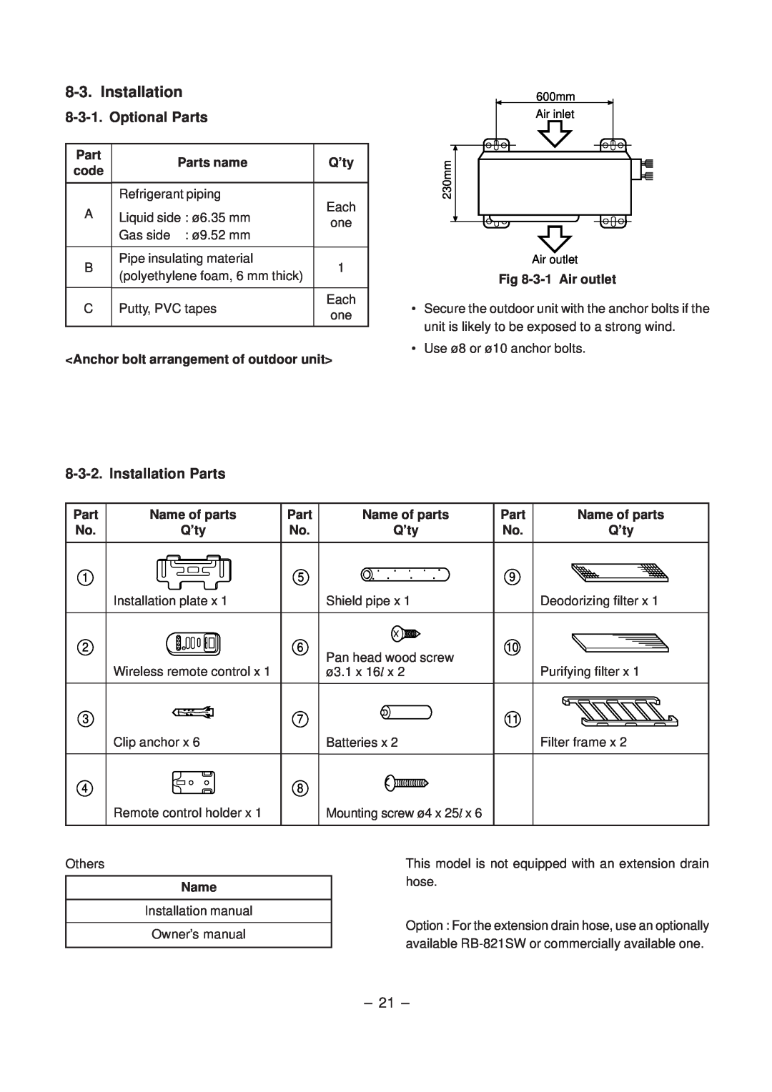 Toshiba RAS-10SAX Optional Parts, Installation Parts, Parts name, Q’ty, code, Anchor bolt arrangement of outdoor unit 
